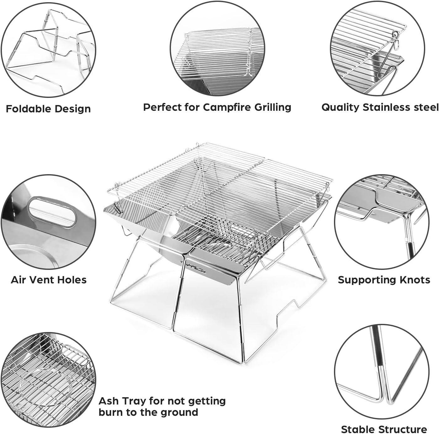 Thumbnail 3 de Odoland Portable Collapsible BBQ Fire Pit & Campfire Grill (Stainless Steel, Carry Bag, L size)