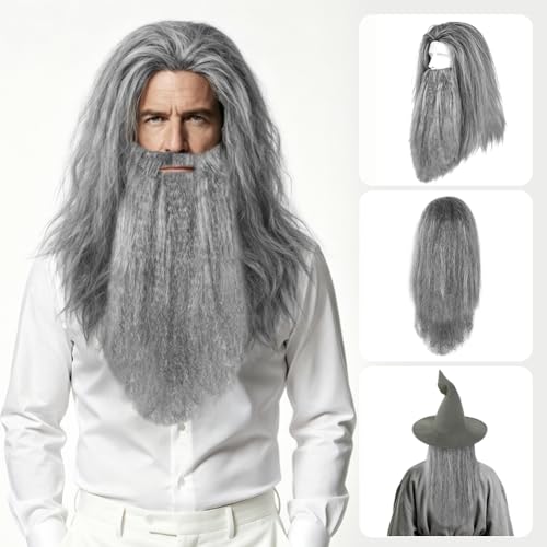 Detalle de BSBUY Long Grey Wig and Beard & Wizard Hat Costume Accessory Set