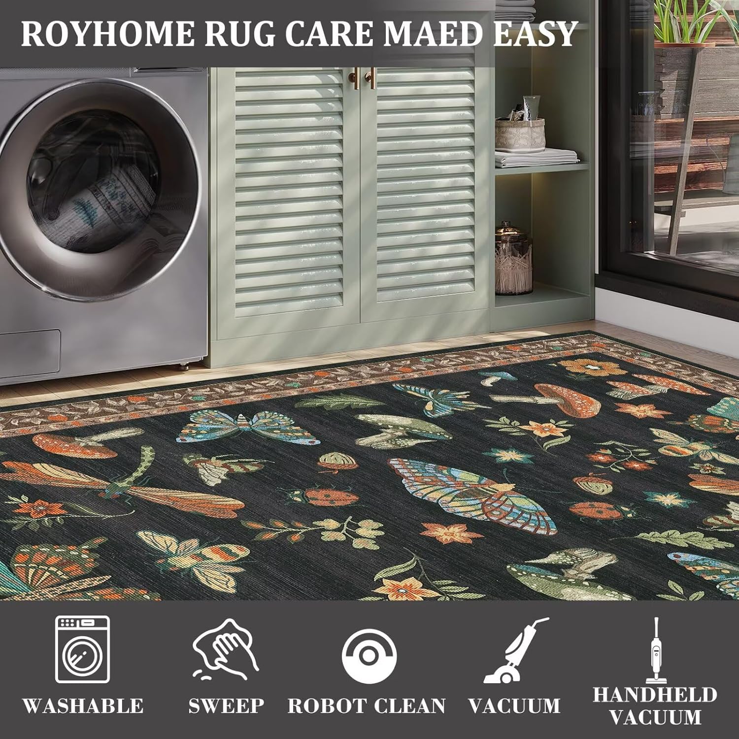 Thumbnail 5 de ROYHOME Mushroom Black Brown 2x3 Washable Low-Pile Insect Rug