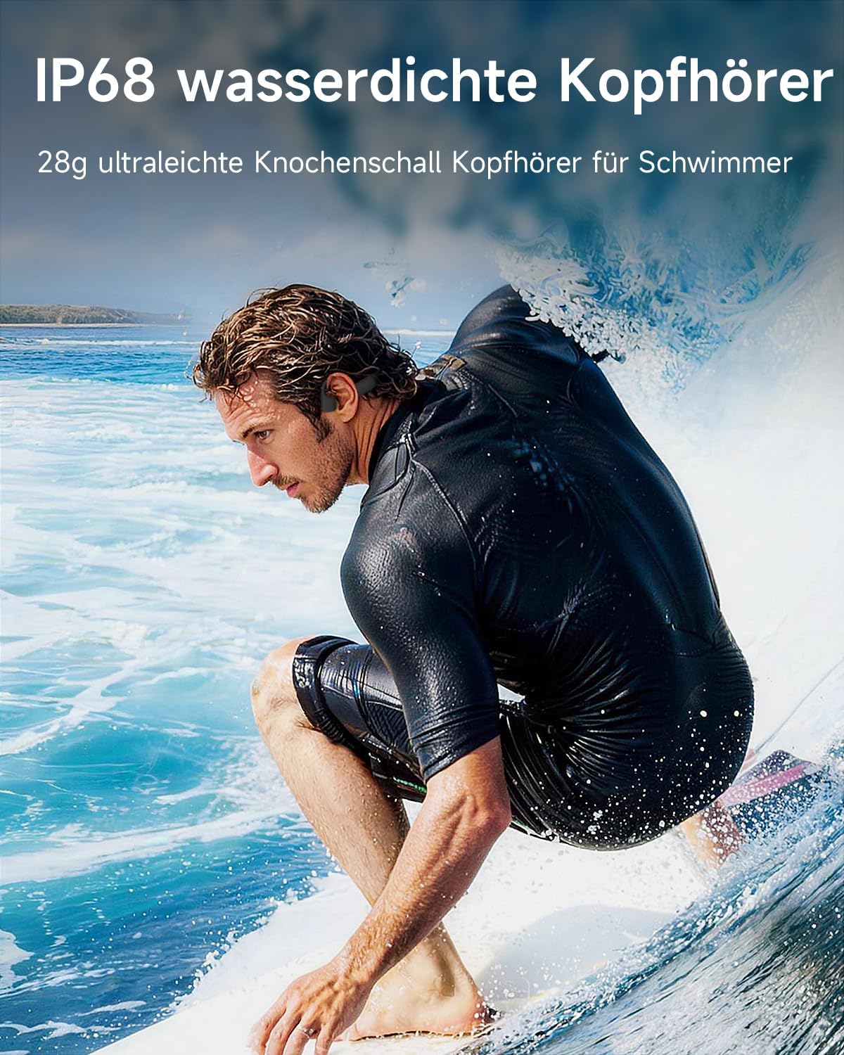 Detalle de Rhyfell Knochenschall-Schwimm-Kopfhörer mit IP68, 32‑GB MP3-Player & Bluetooth 6.0