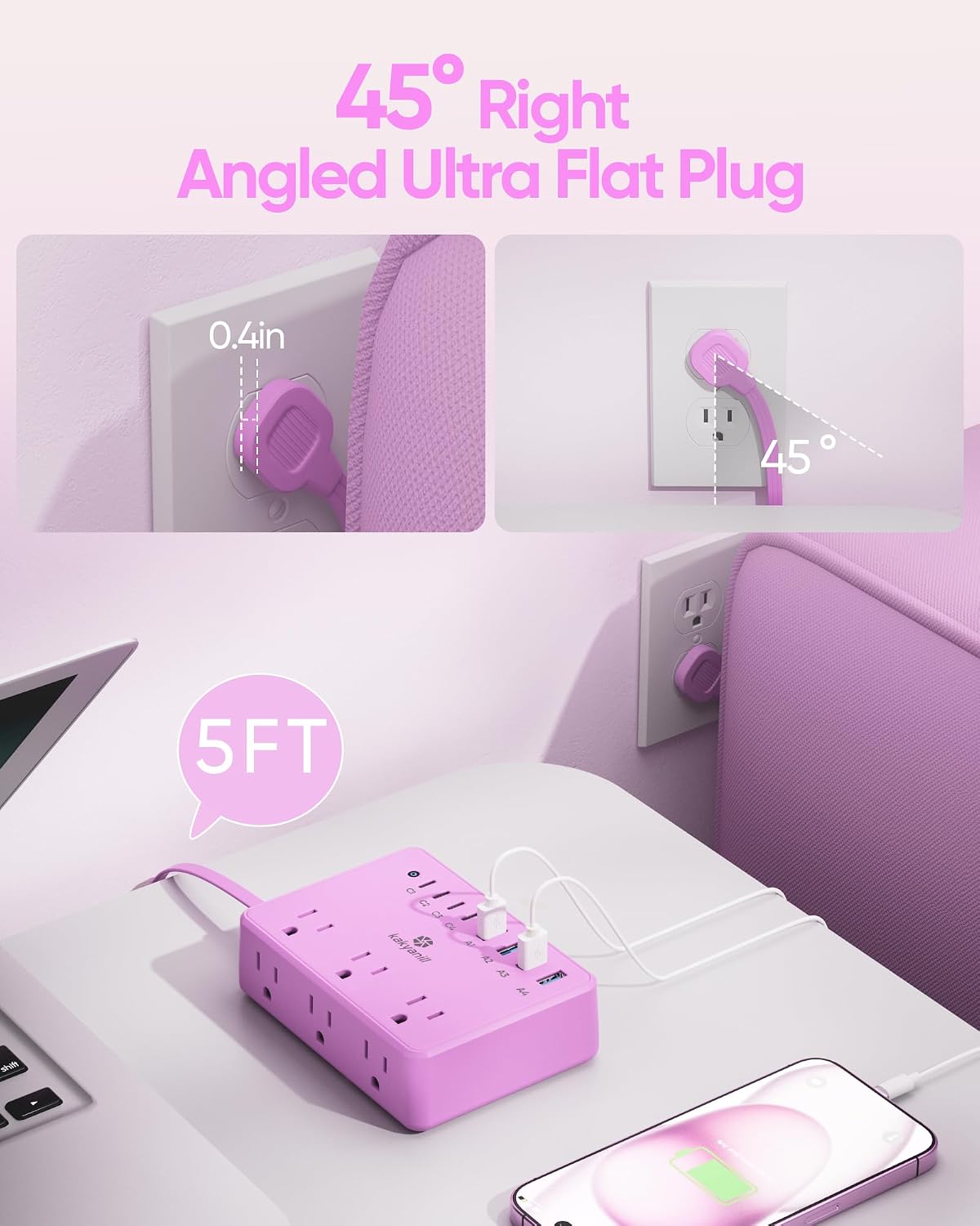 Detalle 2 de Kakyanill DM6 Power Strip, 6 AC Outlets, 8 USB Ports, Purple, 5-Foot Cord