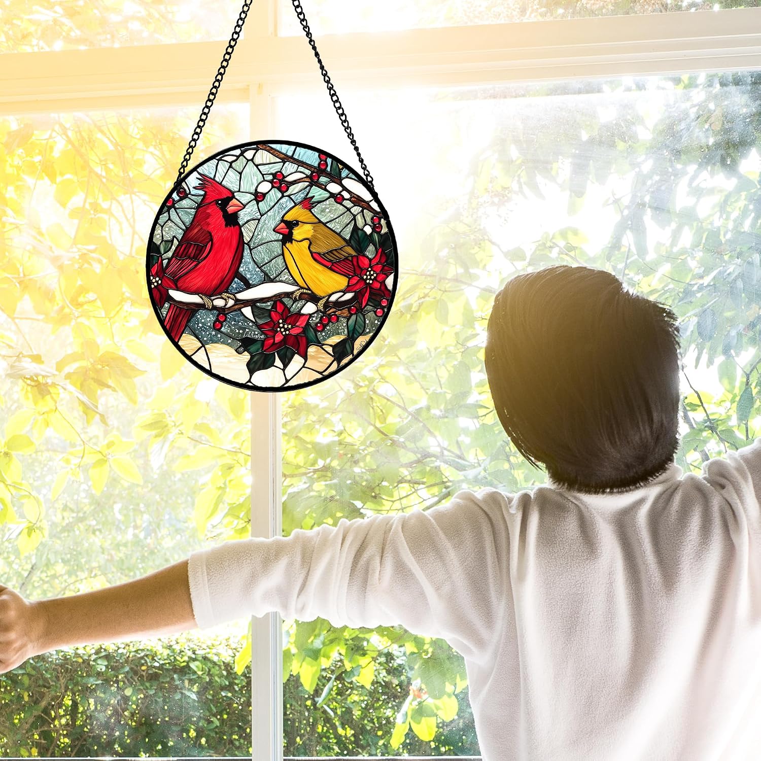 Detalle de DASTOLL Cardinals Poinsettia Glass Suncatcher, 6.3-Inch Window Hanging