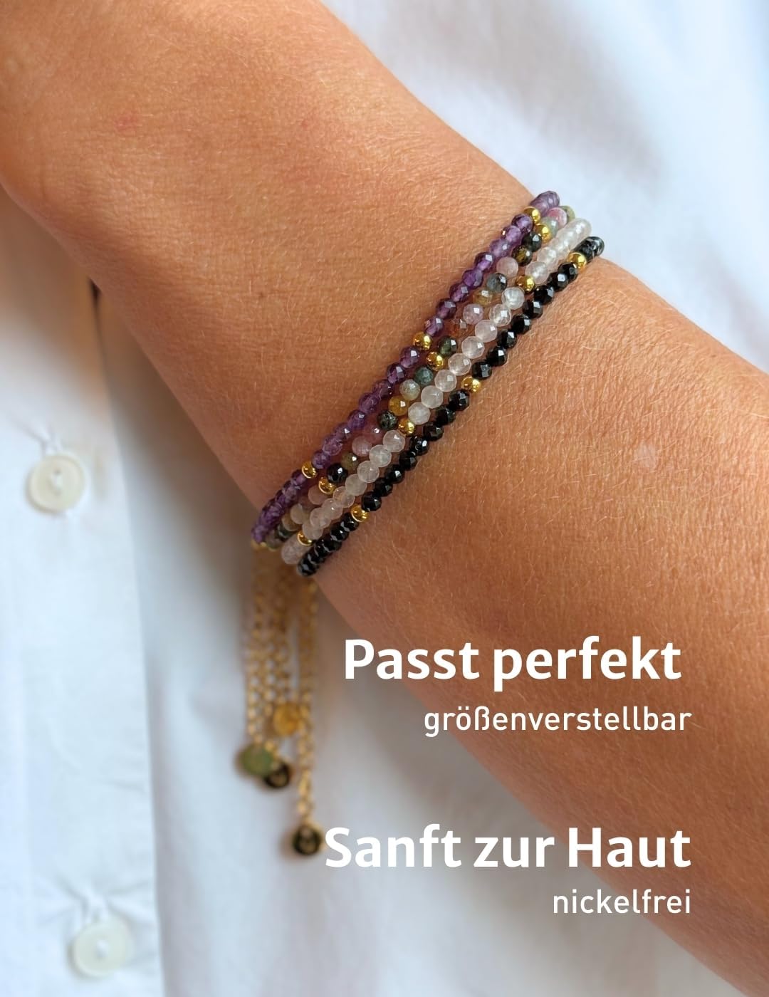 Detalle de happymaker Rosenquarz-Perlenarmband aus 925 Sterling Silber (oder vergoldet) mit Verlängerungskette