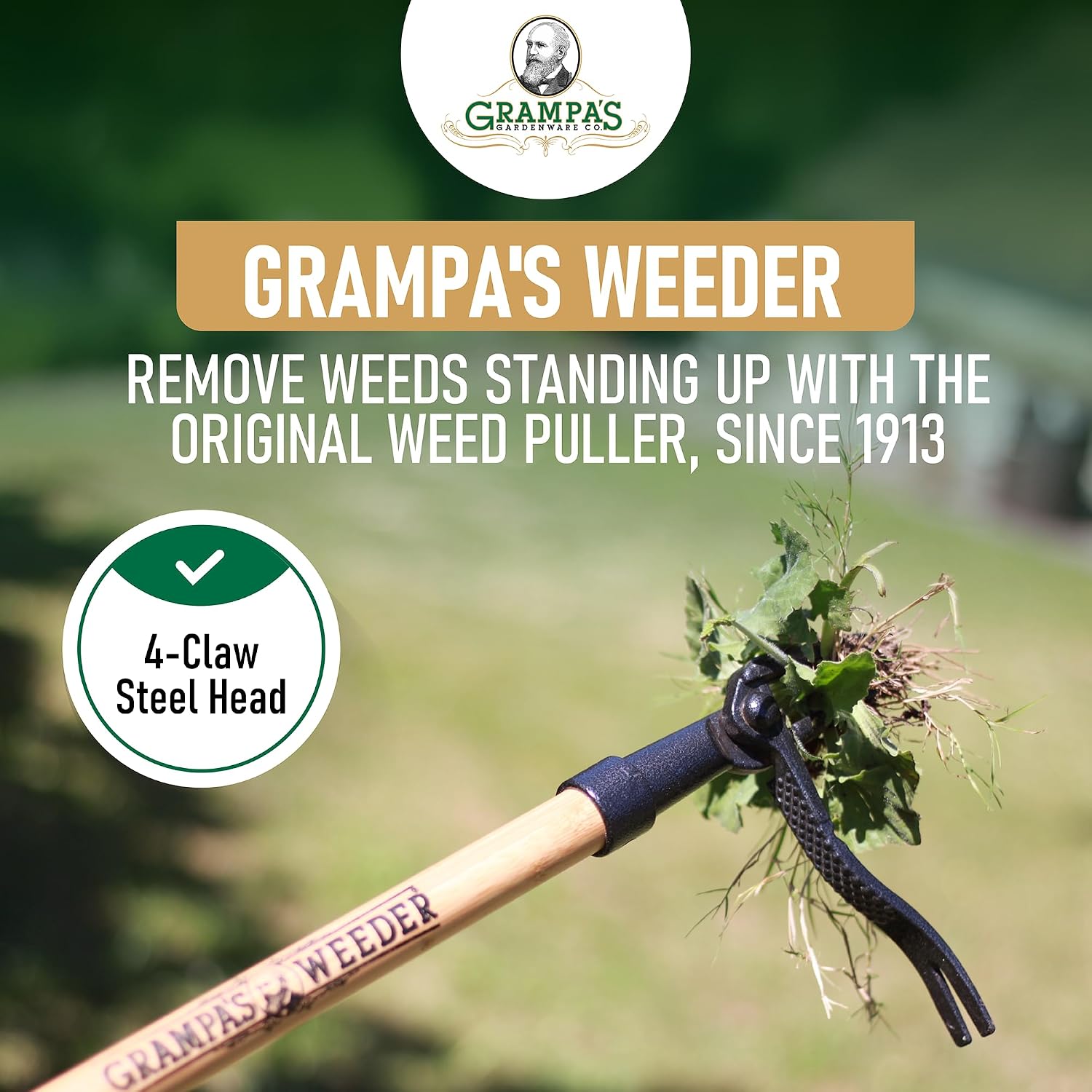 Detalle de Grampa's Weeder Original Stand-Up Weed Puller with Bamboo Handle and 4-Claw Steel Head