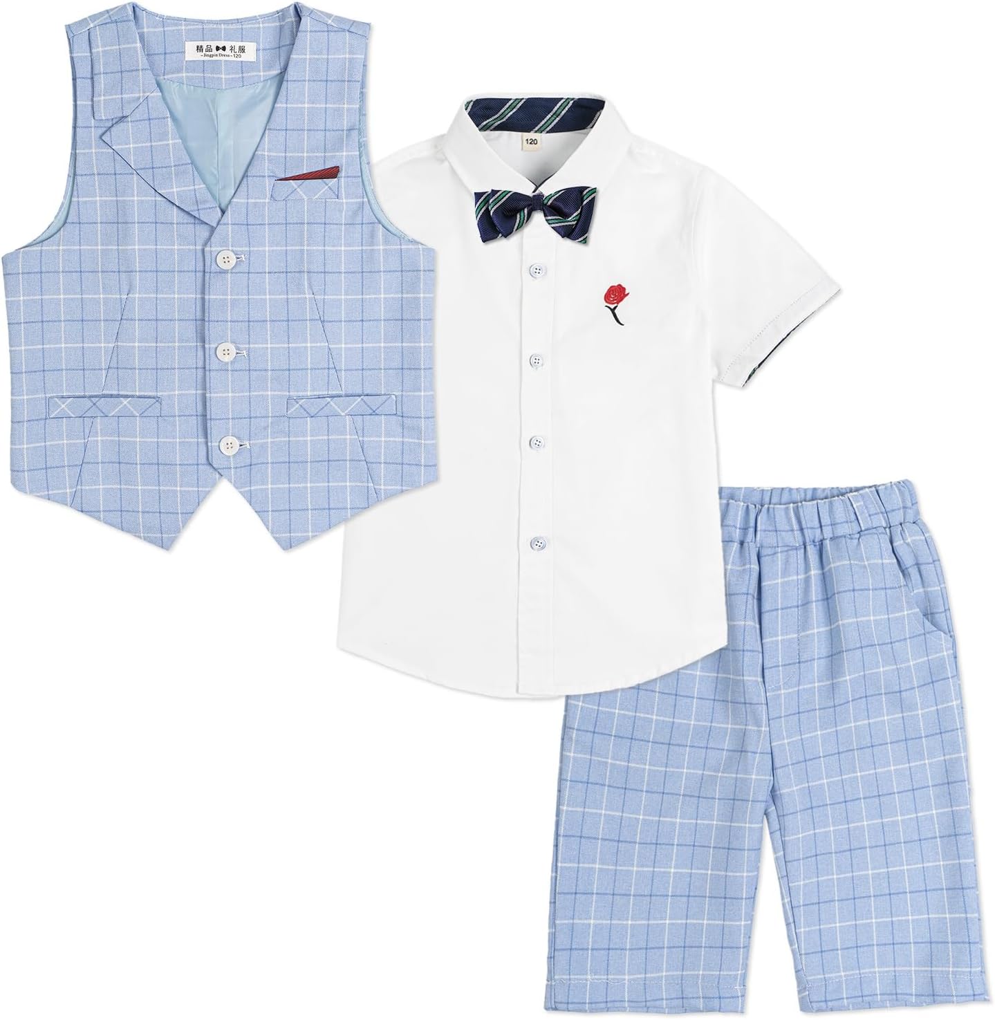 Detalle de LOLANTA 4-teiliges Kinder Freizeit Anzug Set – Jungen Sommer Hochzeitsanzug mit Hemd, Fliege, Weste und Shorts