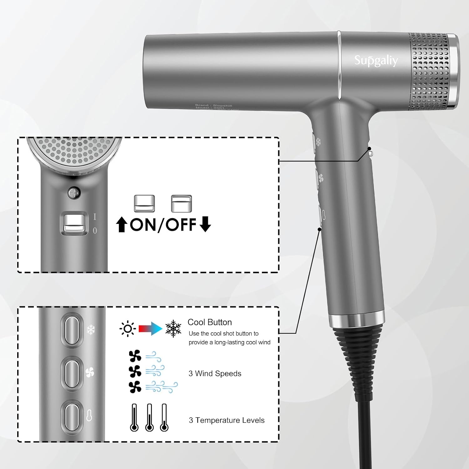 Detalle de Supgaliy Ionic Hair Dryer 2000W High-Speed with Diffuser & Concentrator