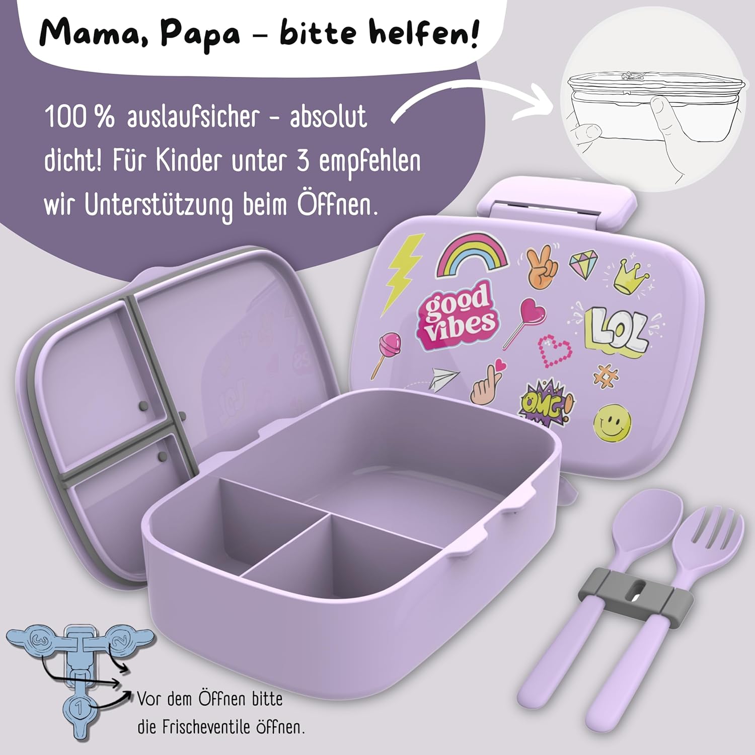 Thumbnail 2 de BEARFOOT Brotdose Kinder mit Fächern (BPA-frei, auslaufsicher) – Lunchbox mit Bento-Box-Teiler, Sticker-lila