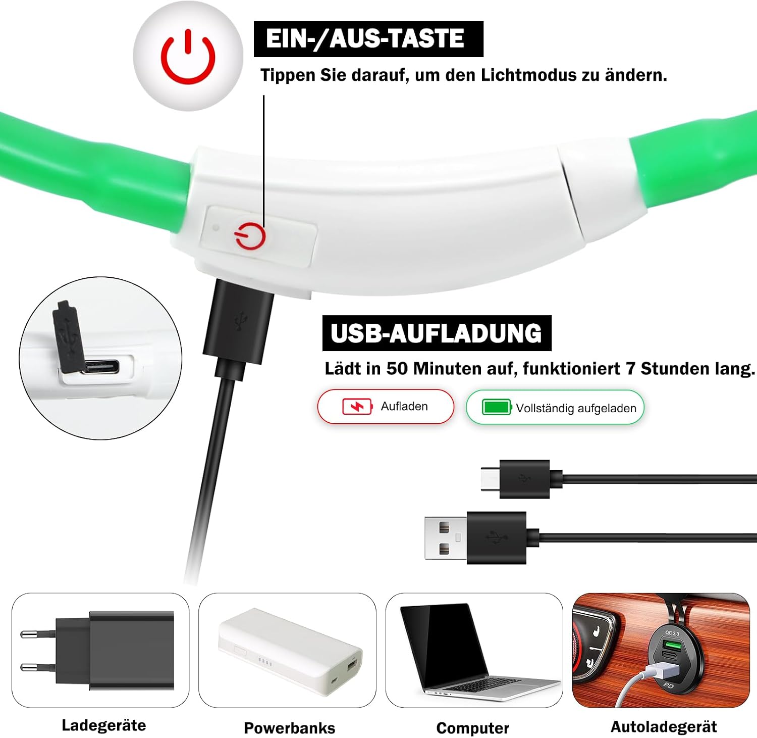 Thumbnail 4 de Leuchthalsband Hund 70 cm USB, grün