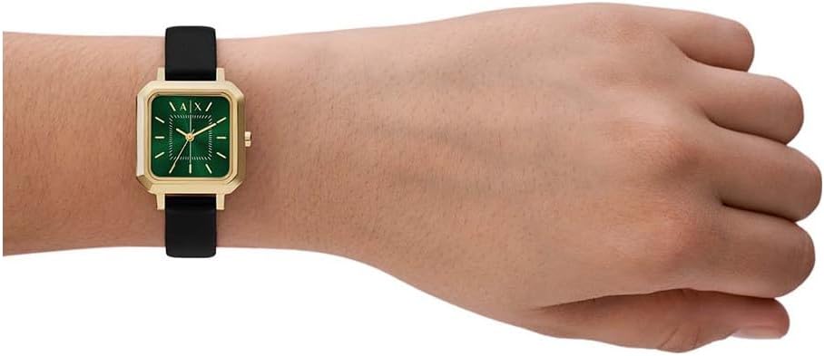 Detalle de Armani Exchange Montre pour Femmes – Quartz, boîtier 27 mm, bracelet cuir noir