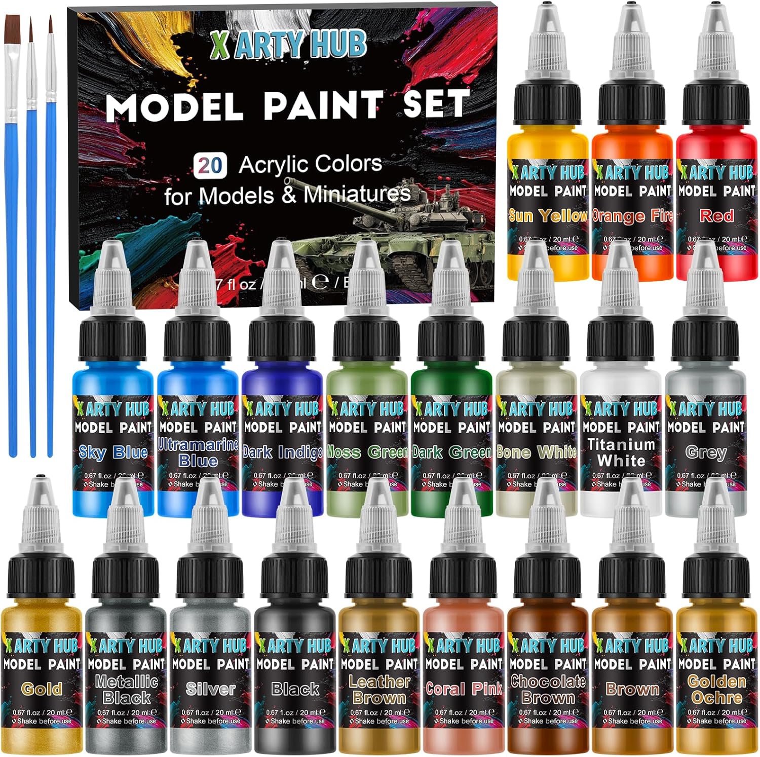 Thumbnail 6 de X ARTY HUB Model Paint Set — 12 Colours with 3 Brushes for Airbrushing & Hand Painting