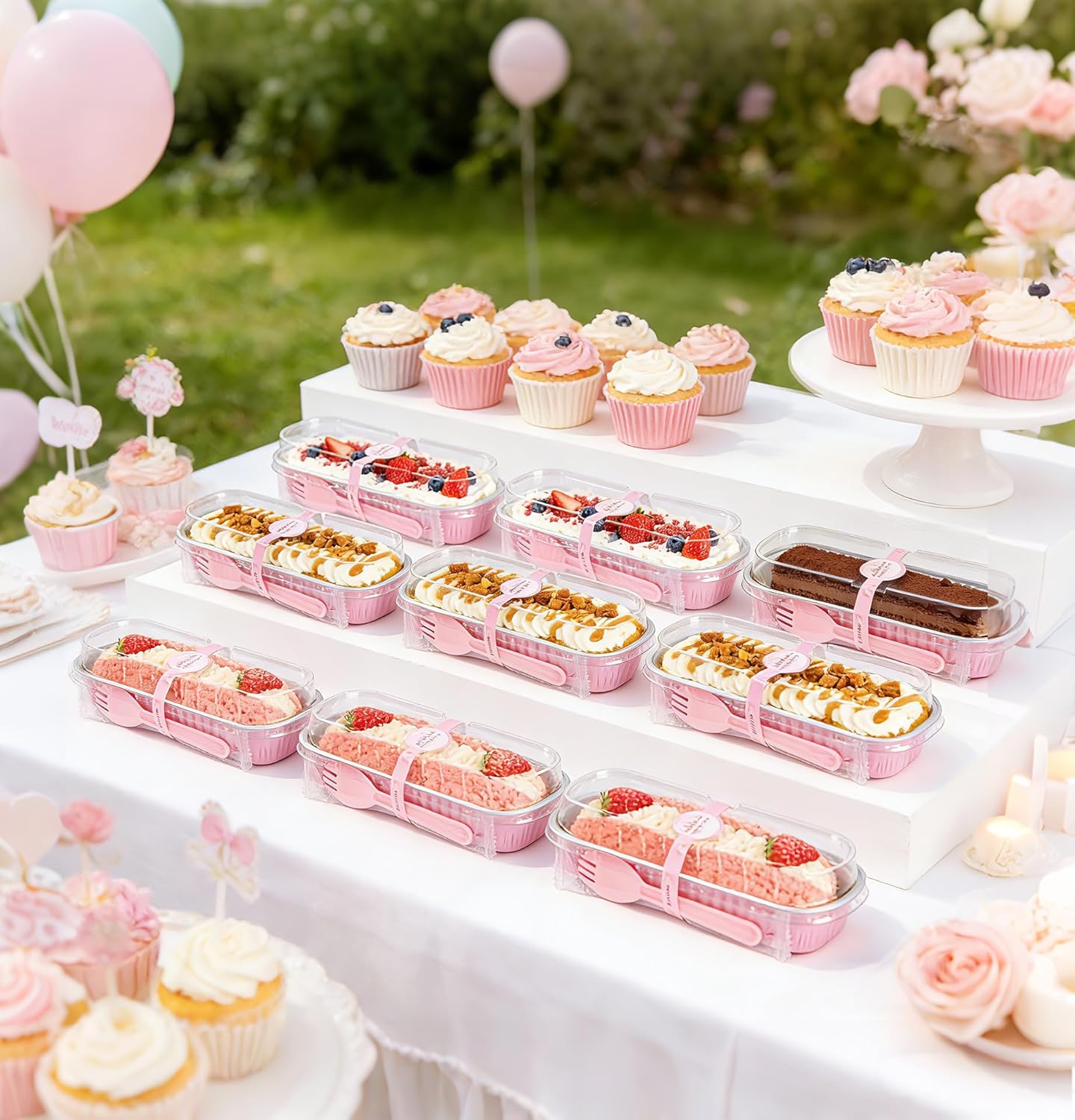 Detalle 2 de NPLUX 50-Pack Mini Cake Pans with Lids and Spoons (Rectangular Aluminum Foil Bread Pans) – Pink, 6.8 oz