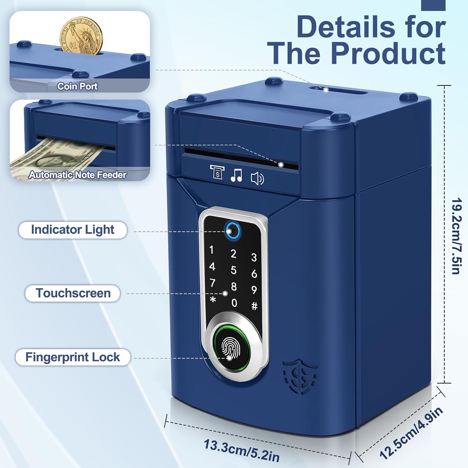 Detalle de Highttoy HH918 elektronische spaarpot, donkerblauw met touchscreen en cijfercode