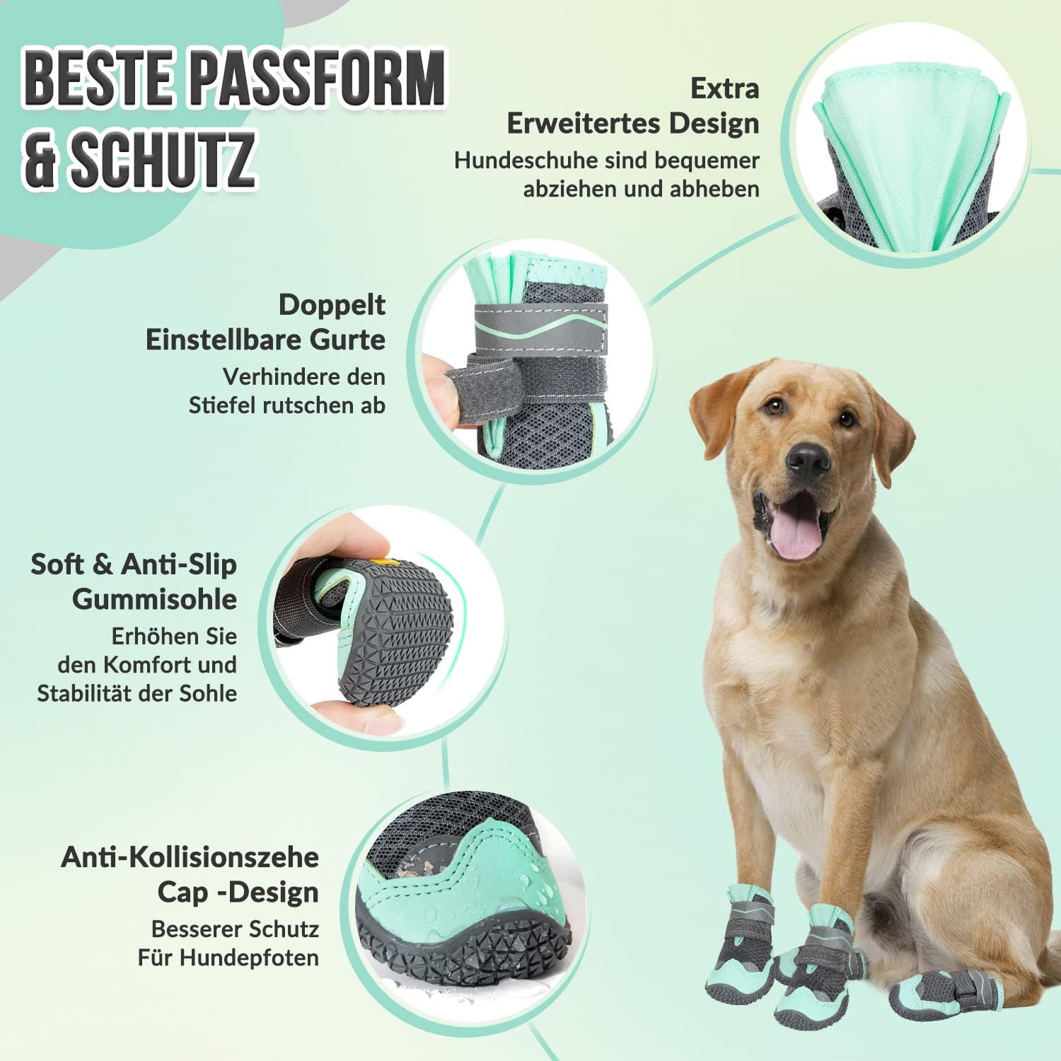 Detalle 1 de Eyein Hundeschuhe Pfotenschutz (2 Stück) atmungsaktiv mit rutschfester Sohle und reflektierendem Klettverschluss – Grün, Größe 1