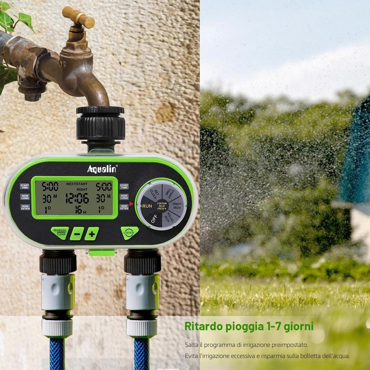 Detalle 2 de Aqualin Centralina Irrigazione 2 vie con orologio da giardino e schermo LCD