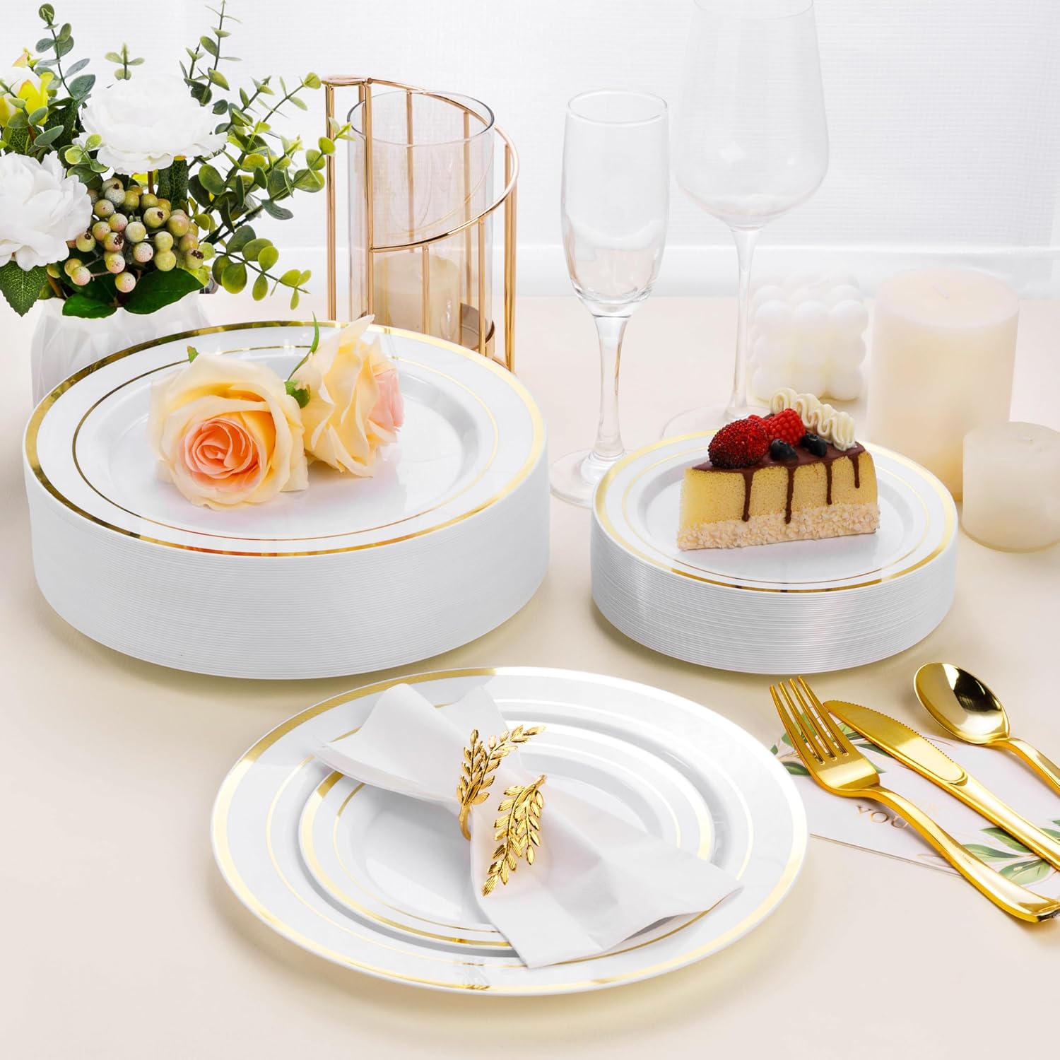 Thumbnail 5 de BESTSTAR 100PCS White Plastic Plates with Gold Rim, 10.25-Inch Heavy-Duty Disposable Party Dinner Plates