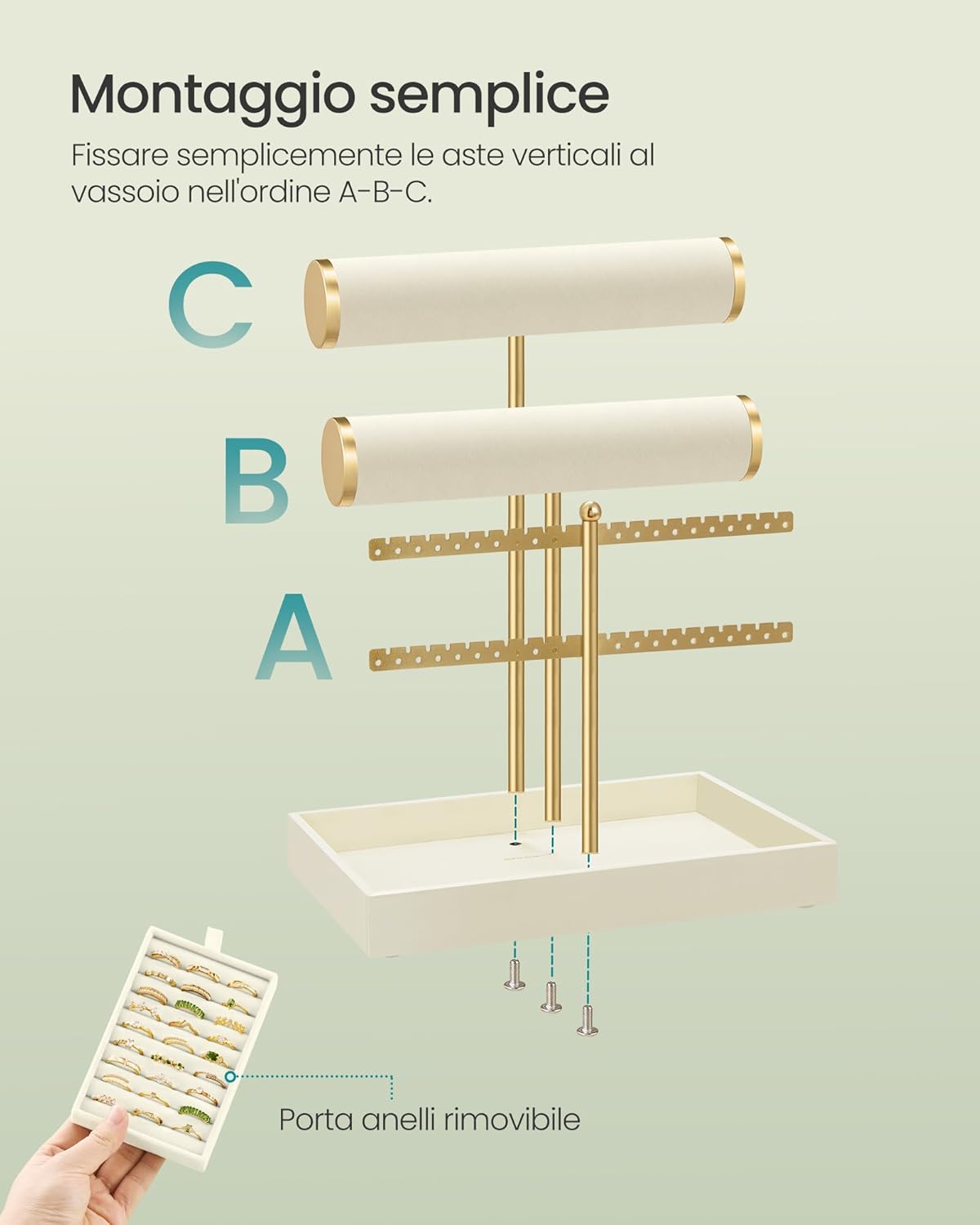 Detalle de SONGMICS Porta Bracciali JJS046W101: Porta Gioielli con 2 supporti per braccialetti, porta orecchini, vassoio velluto e portaanelli rimovibile