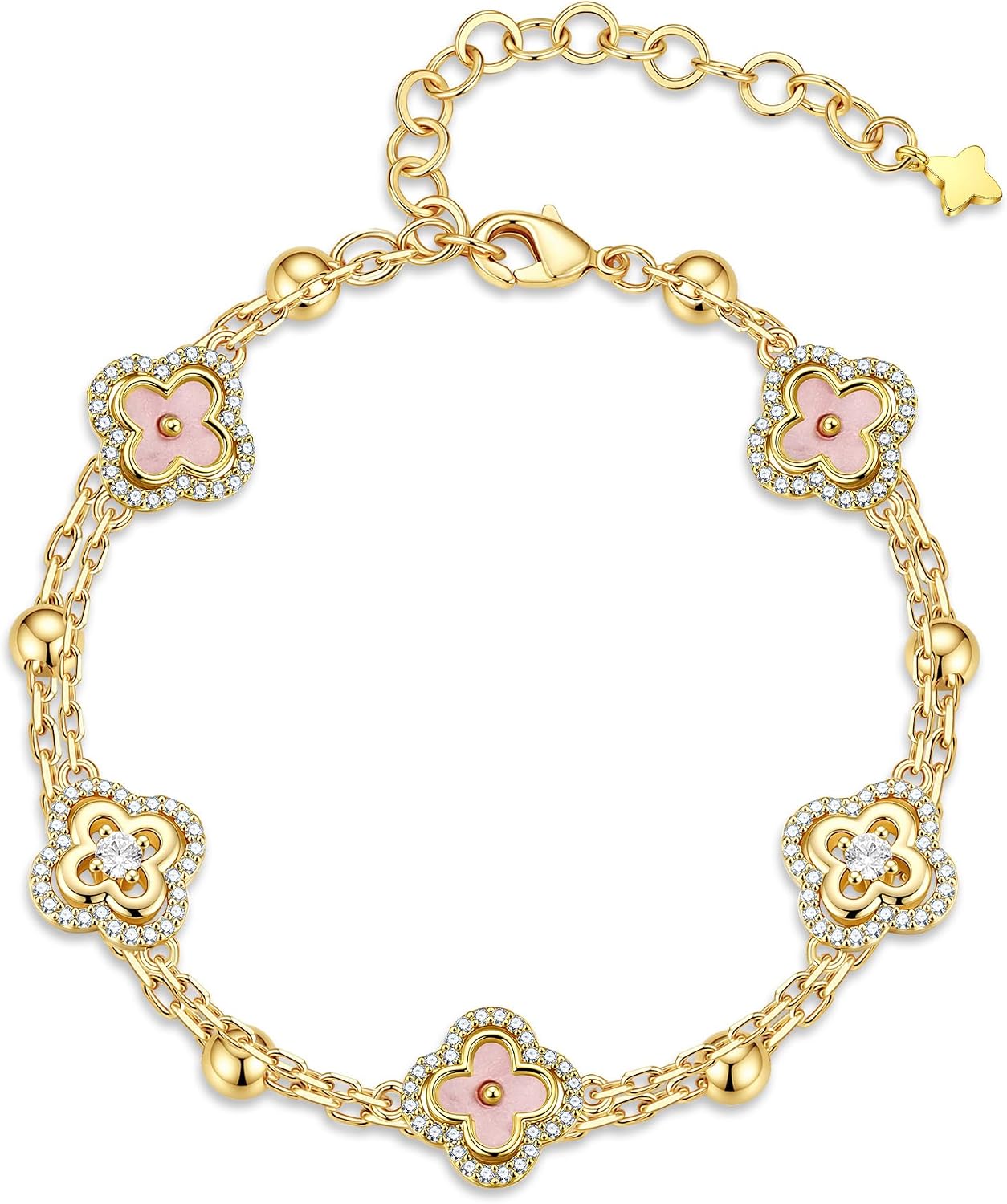 Detalle de Turandoss Armband Damen Gold, 14K Vergoldet – vierblättriges Kleeblatt mit Zirkonia, verstellbar