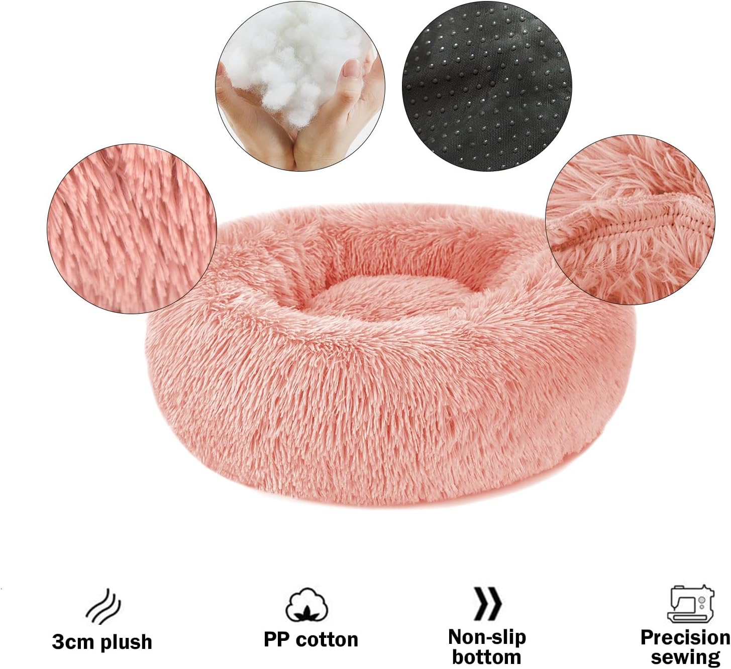 Detalle 2 de Nepfaivy Calming Dog Cat Donut Bed - 15.75in Pink, Soft Plush Round Nest for Small Pets