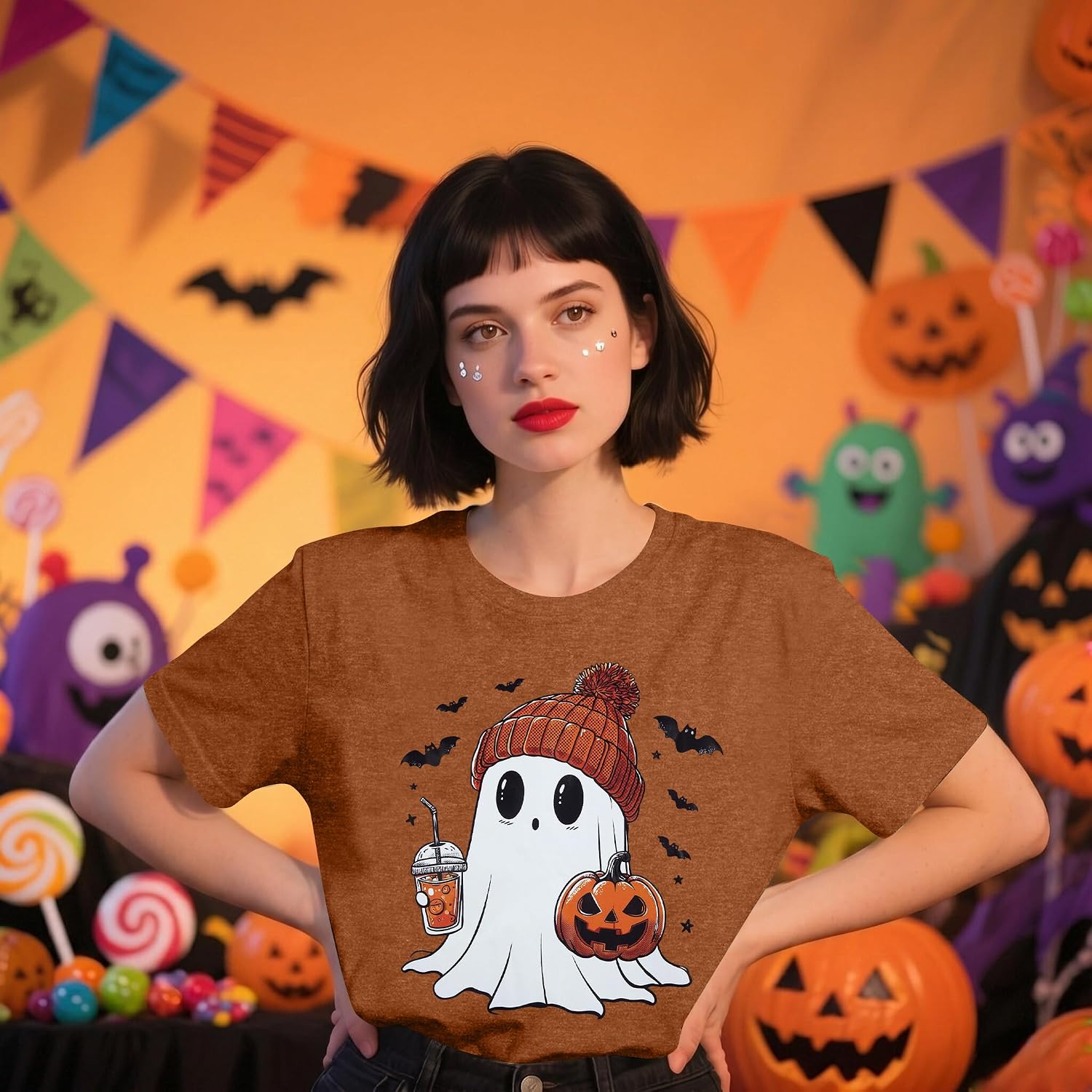 Detalle de DUTUT Halloween T-Shirt for Women, Pumpkin and Boo Ghost, Short Sleeve