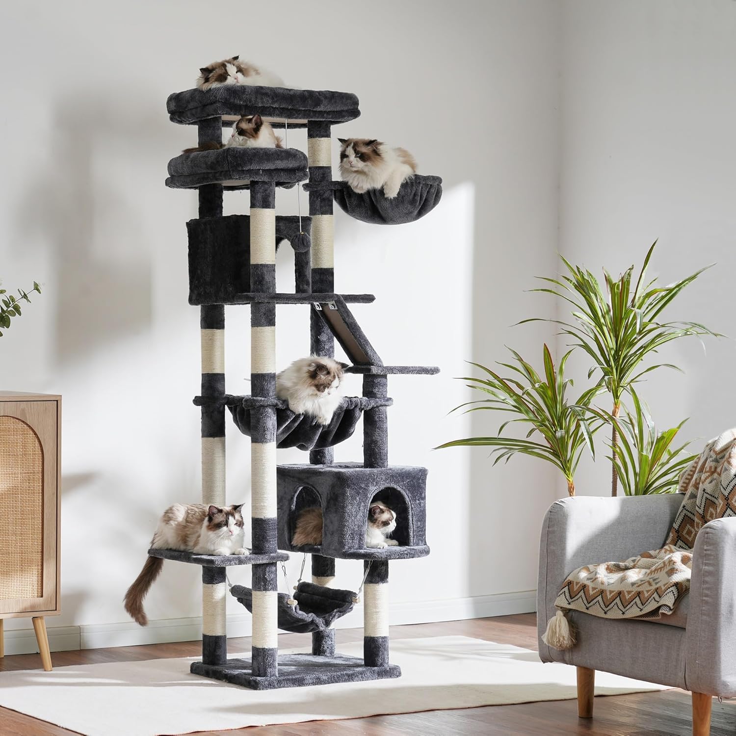 Detalle de Heybly Cat Tree 180 cm Tall Indoor Cat Tower with 2 Perches, 2 Condos and 2 Hammocks