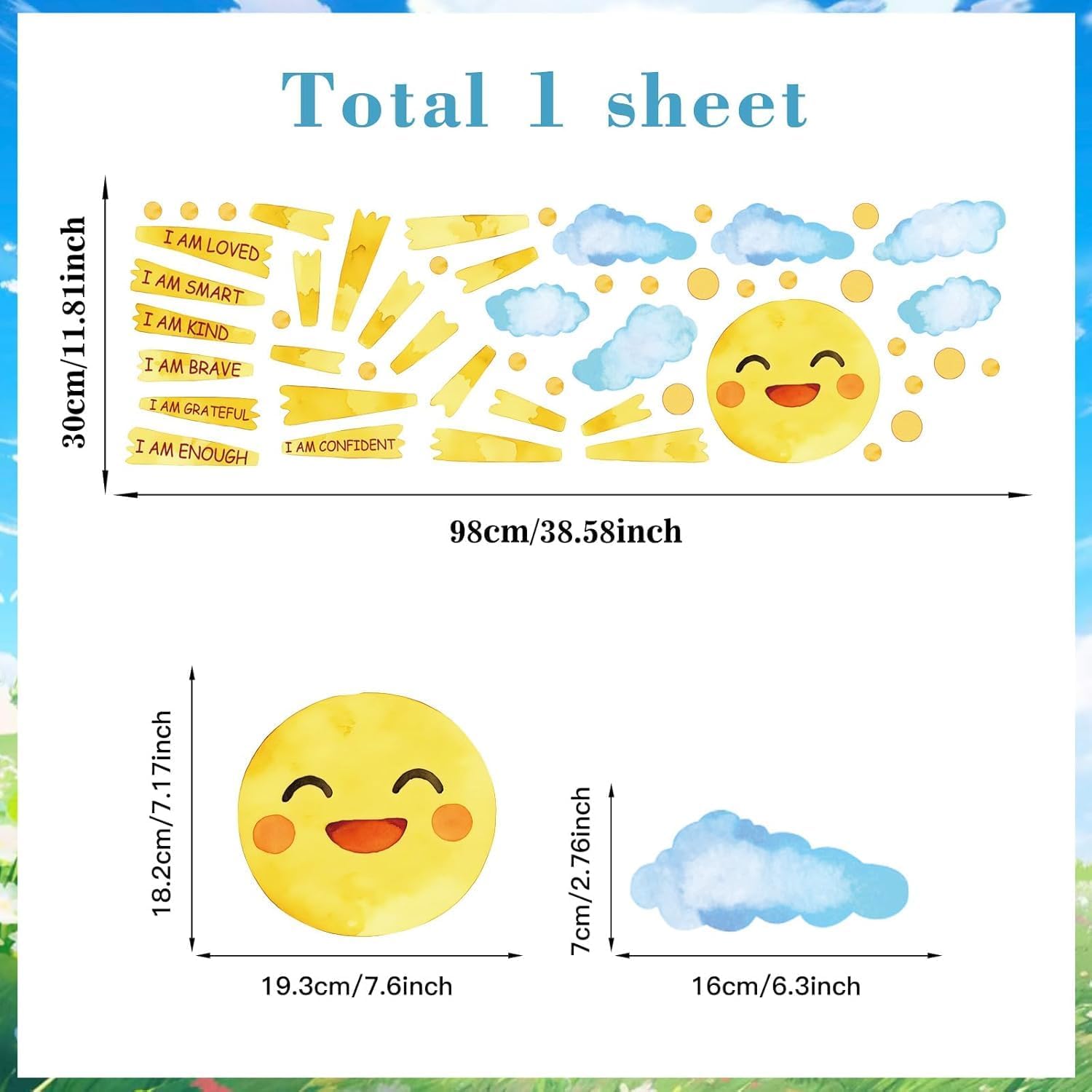 Detalle de ANHUIB Inspirational Quote Sun Wall Decal – 98 x 30 cm, Cloud, Polka Dots and Motivational Quotes for Kids' Rooms