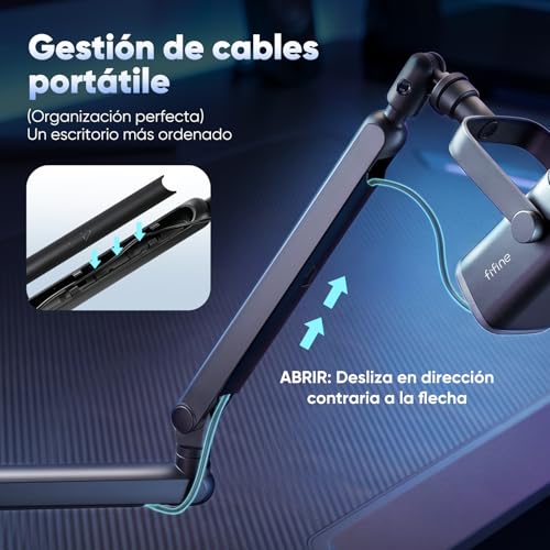 Detalle de FIFINE Soporte de Micrófono con Brazo K658/K688 AM8/A8: estabilidad y gestión de cables para tu escritorio