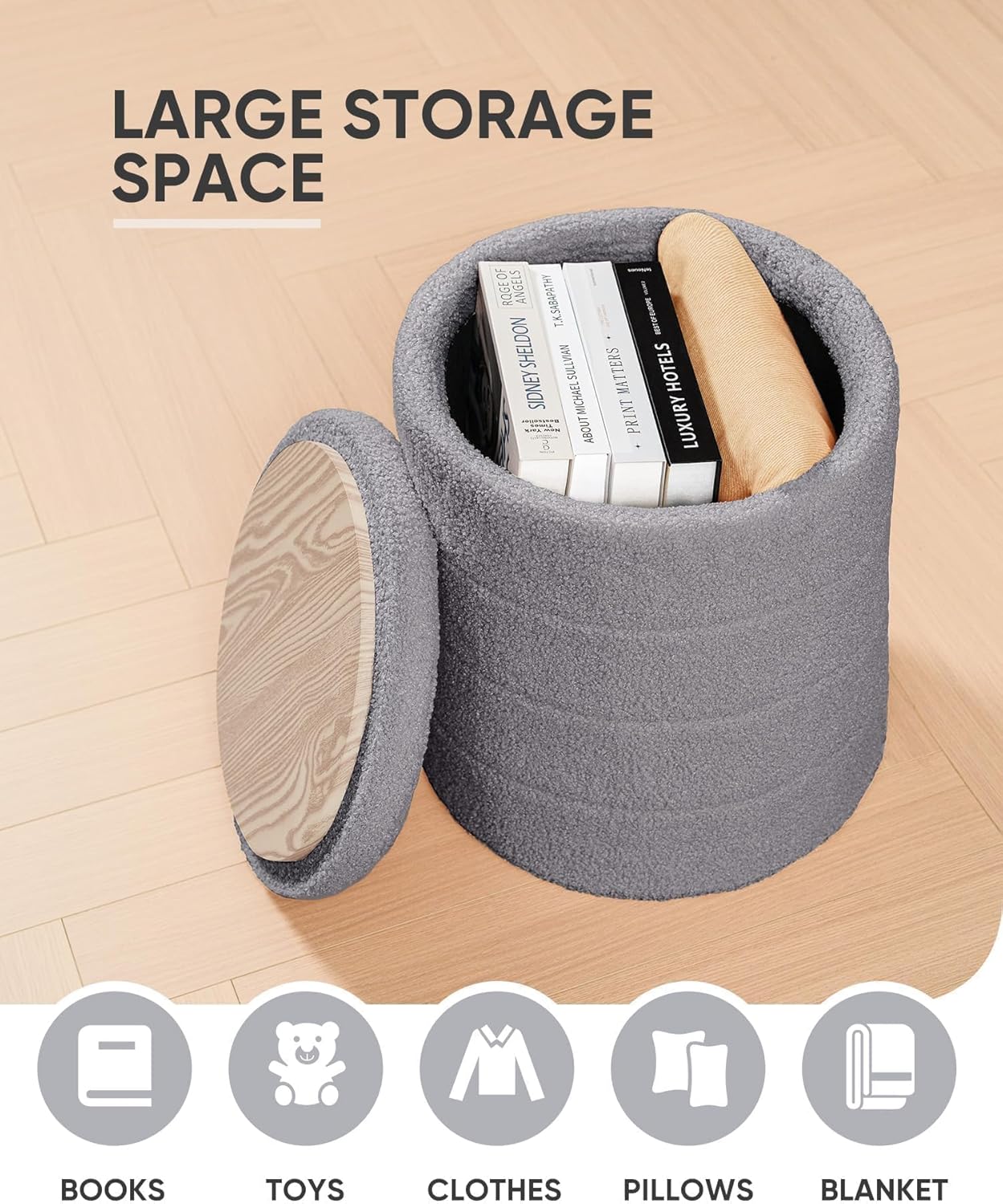 Thumbnail 2 de Bonlife Boucle Ottoman Storage Sherpa Footstool with Folding Storage, Grey (37x37x45 cm)