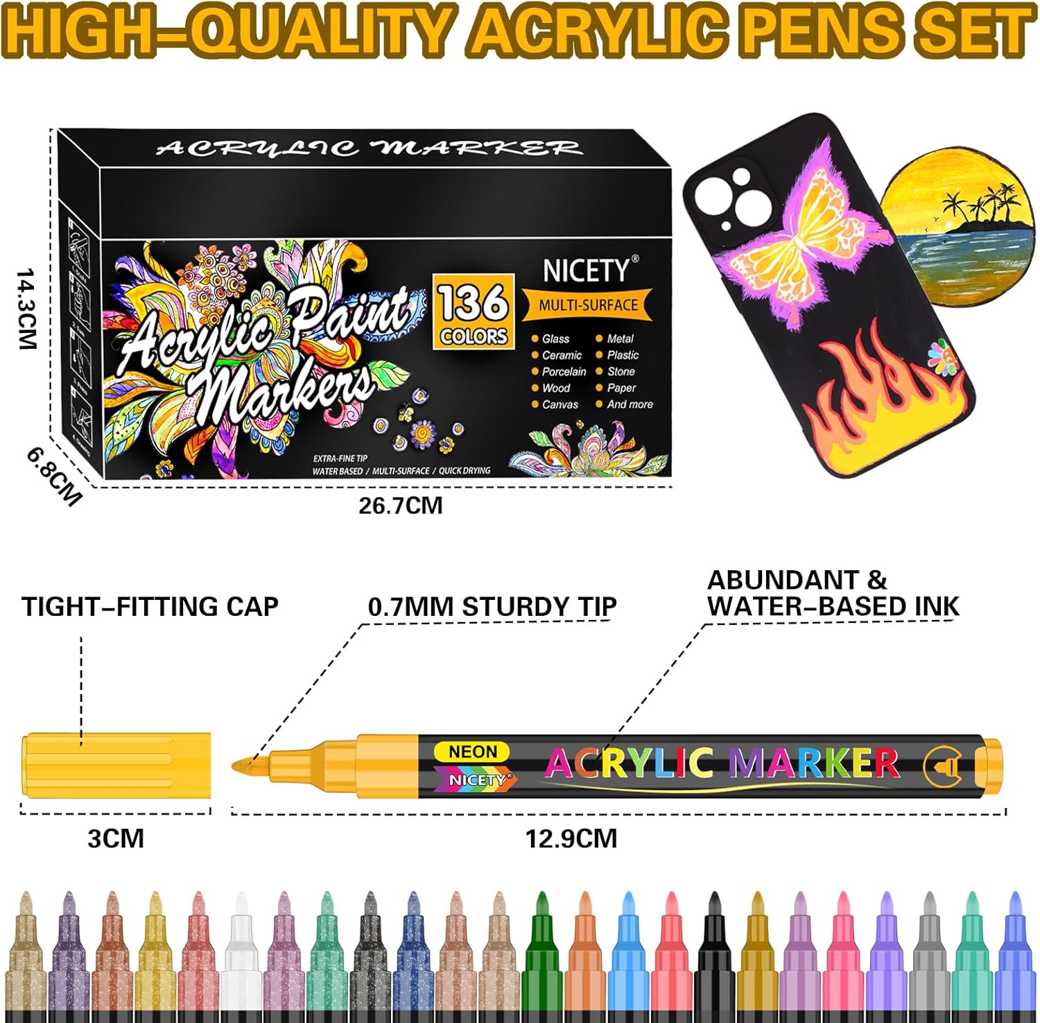 Detalle de NICETY 136 Colours Acrylic Paint Pens Set: 0.7mm Extra Fine Tip for Rock, Glass, Ceramic and More