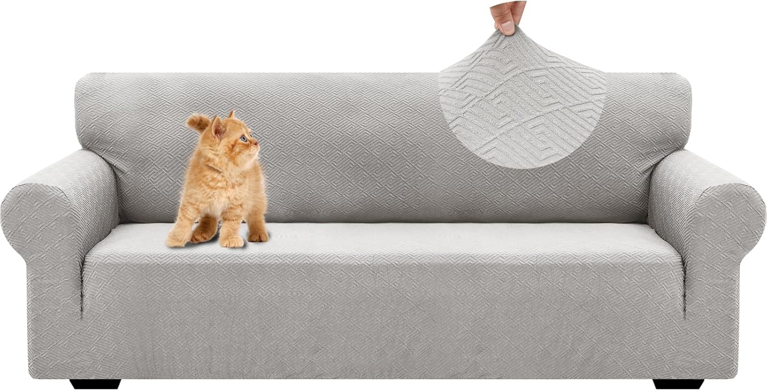 Detalle de YSTELLAA Copridivano 3 posti con braccioli elasticizzato in jacquard grigio silver