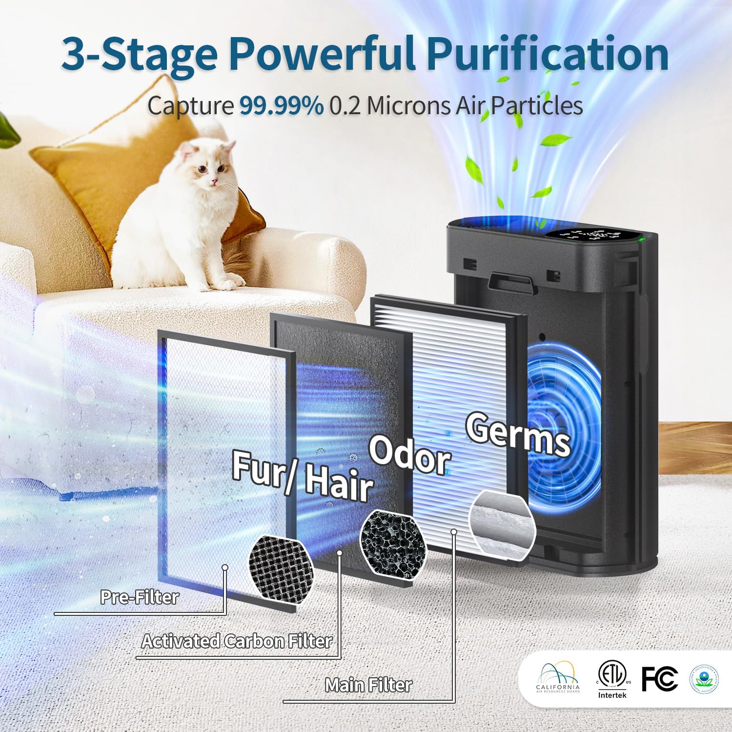 Detalle de ECOSELF HAP-602 Air Purifier for Large Rooms, 3-Stage HEPA, PM2.5 Display