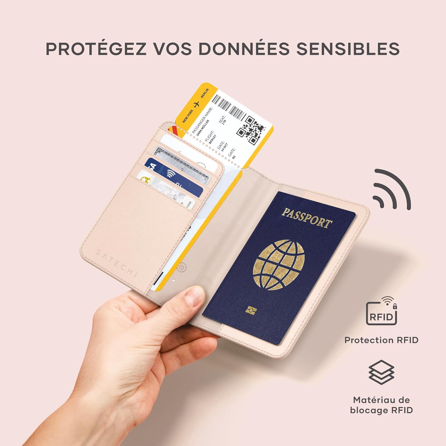Thumbnail 4 de Satechi protège-passeport avec Apple Find My, recharge sans fil Qi et RFID (4 fentes) – Rose Désert