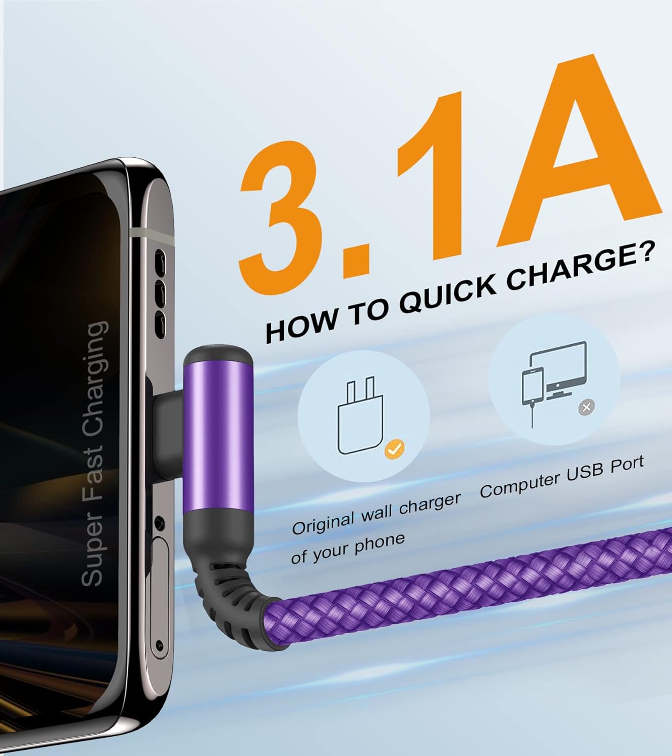 Thumbnail 1 de 2Pack 1m USB C Right Angle Fast Charge Cable (3.1A) – Braided, 90° L‑Shaped, Compatible with Samsung, Google Pixel and More