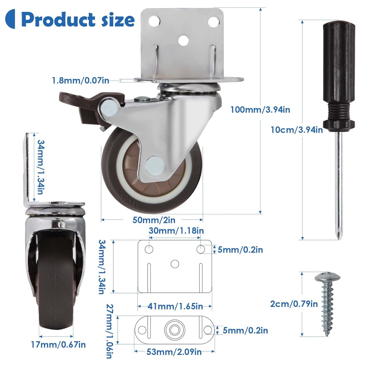 Thumbnail 2 de W B D WEIBIDA ruote girevoli pesanti da 50 mm con 4 freni e piastra di montaggio per mobili (portata fino a 270 kg) – set da 4