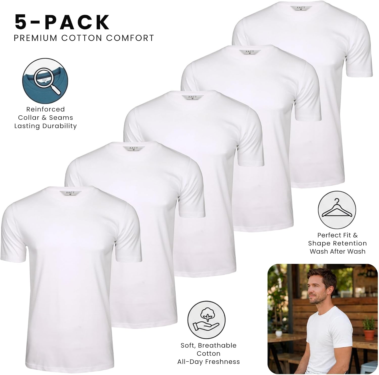 Thumbnail 1 de Xact Men’s Plain Cotton T-Shirts 5 Pack (Crew Neck, Regular Fit) – 160 GSM Everyday Tees