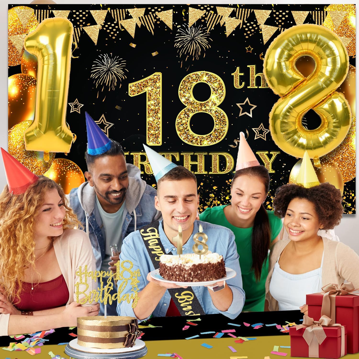 Detalle de 18th Birthday Decorations Set in Black and Gold: Banner, Table Cloth, Balloons, Sash, Cake Topper and Candles