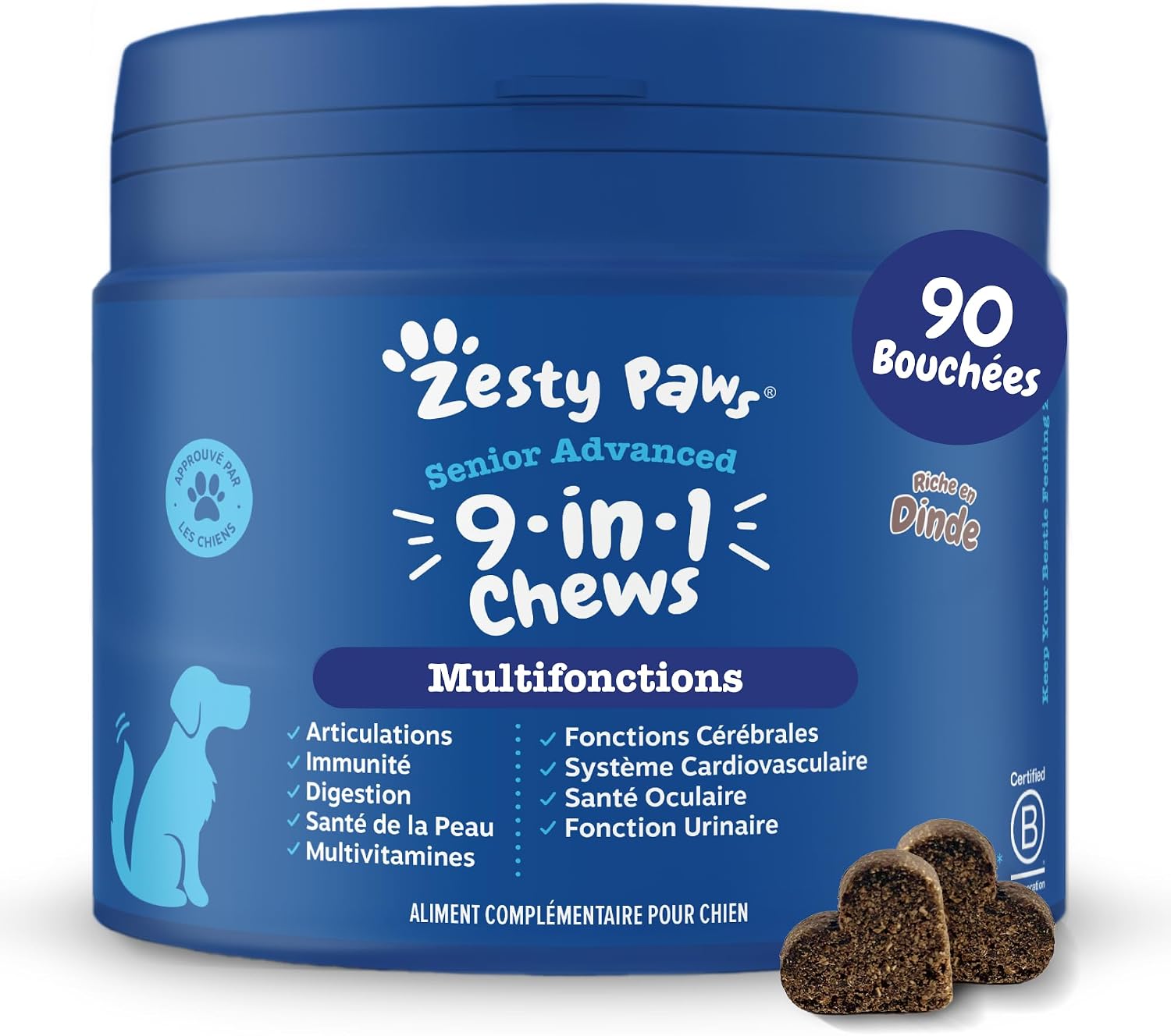 Detalle de Zesty Paws 9-in-1 Multifonctions pour Chien Senior – Friandise cœur moelleux, 90 unités