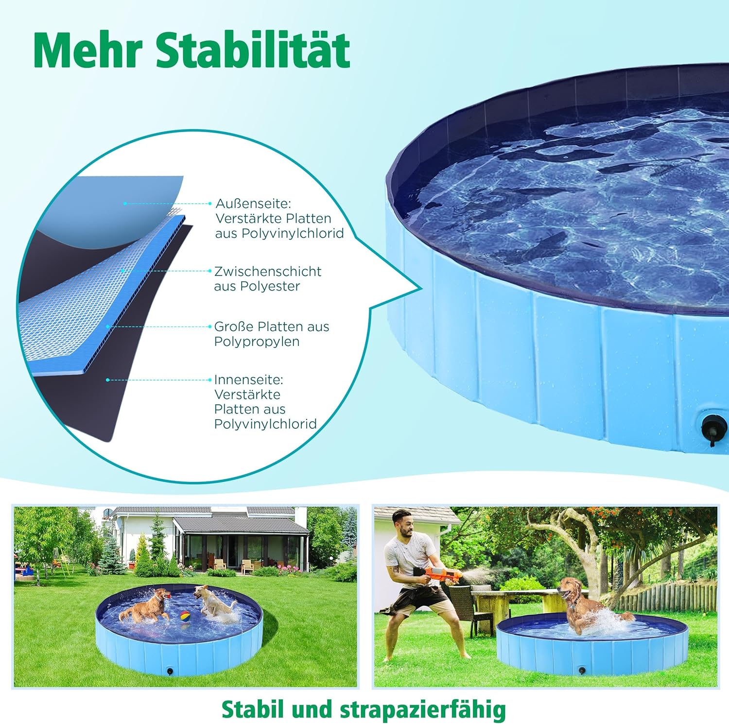 Detalle de Yaheetech faltbarer Hundepool 160 x 30 cm: anti-Rutsch-Platten, schneller Ablauf und Badebürste – Blau
