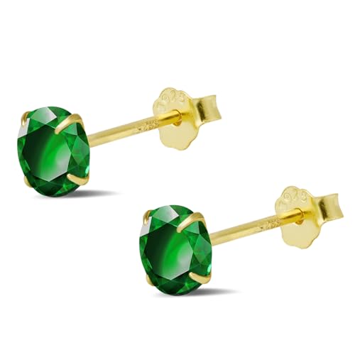 Detalle de Weviway 5mm Emerald Green Stud Earrings – 925 Sterling Silver, 18K Gold Plated, Hypoallergenic