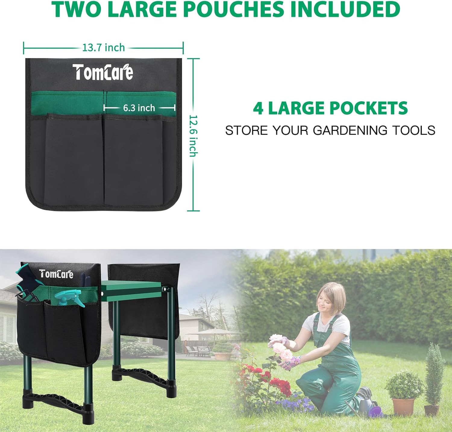 Detalle 2 de TomCare Garden Kneeler and Seat: Wider 10.64” Pad, 400 lb Capacity, Foldable with Dual Tool Pouches