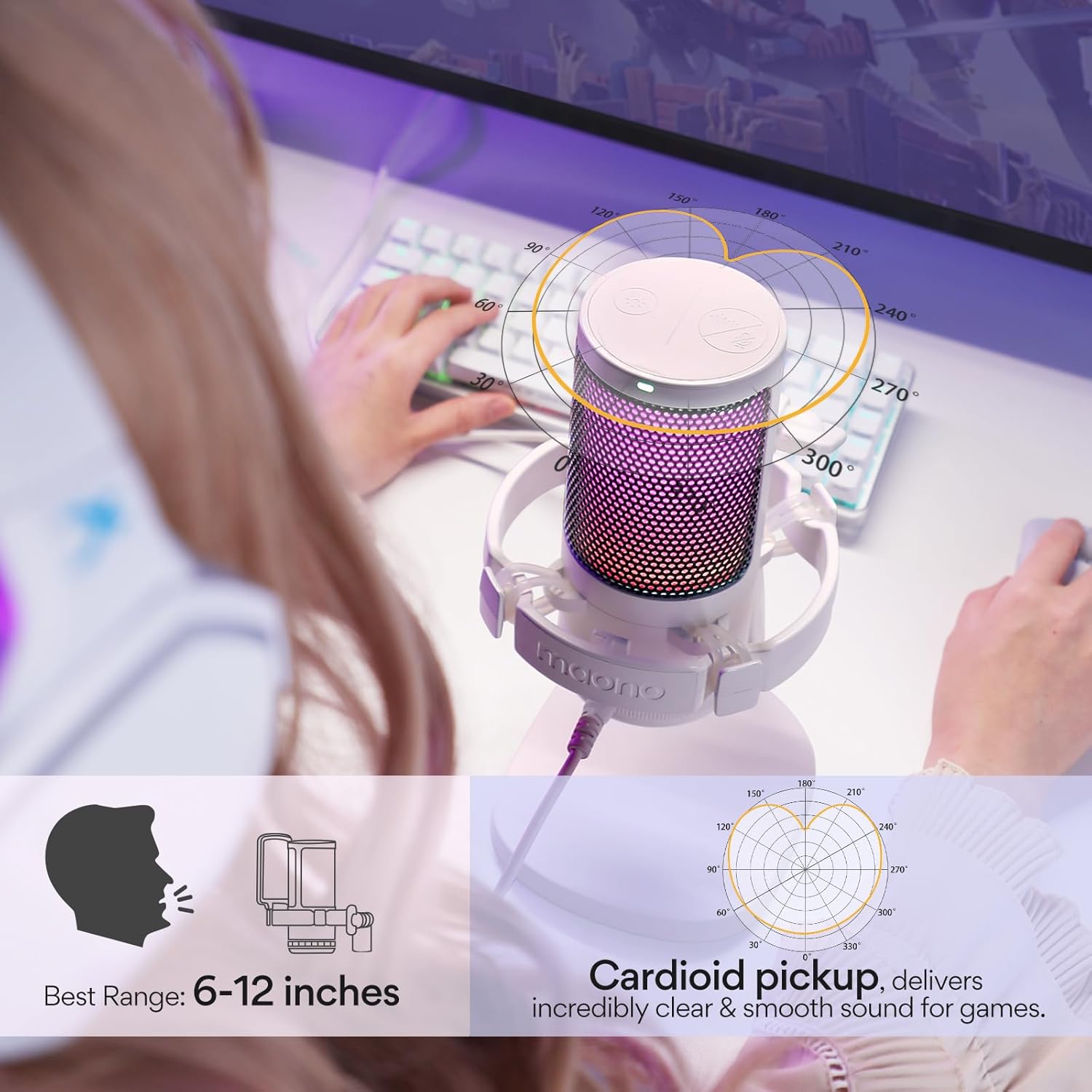 Thumbnail 5 de MAONO DGM20 USB Condenser Microphone (RGB gaming mic with mute button and gain knob) – White