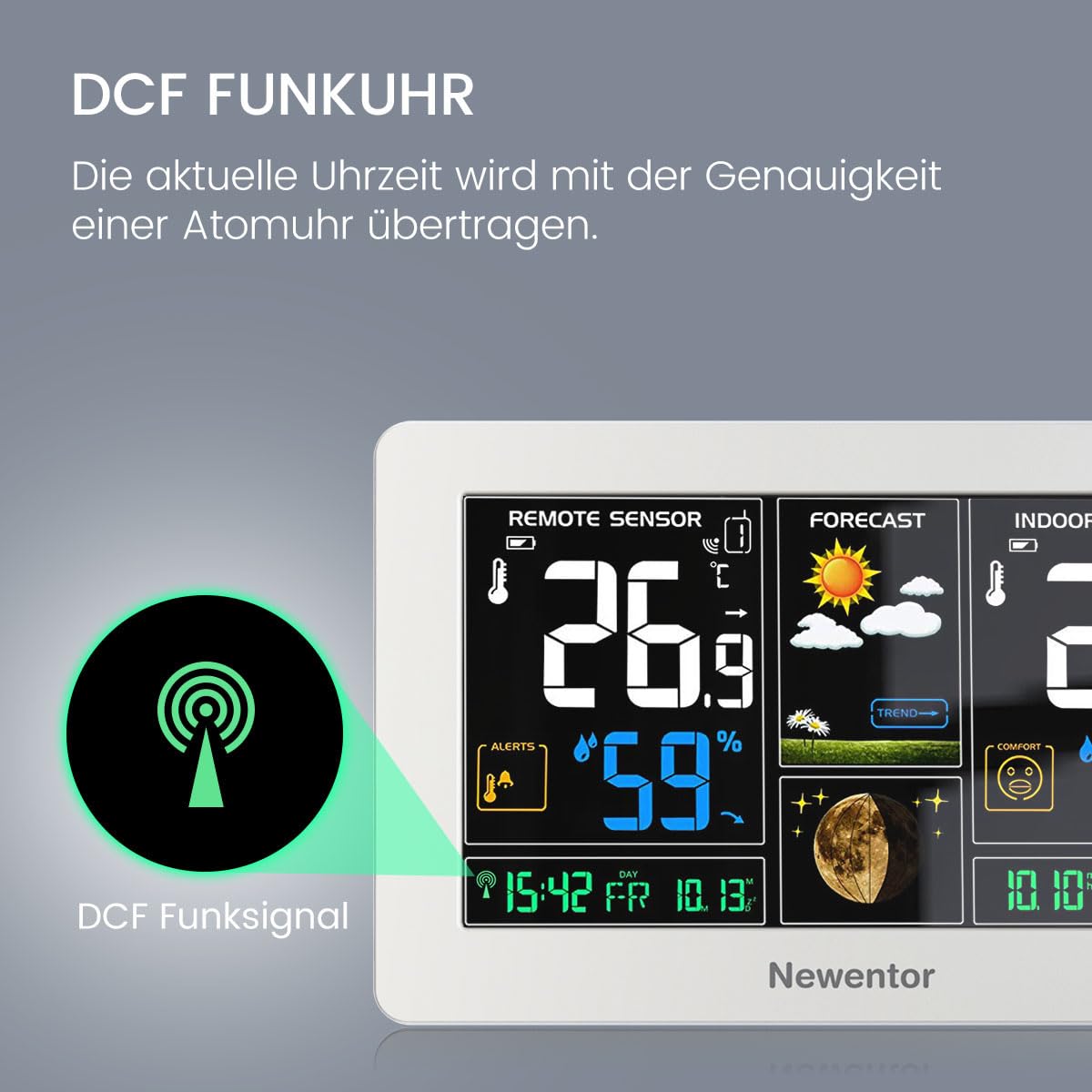 Thumbnail 2 de Newentor Funk-Wetterstation mit Außensensor, DCF-Funkuhr und Wettervorhersage – inklusive Netzbetrieb