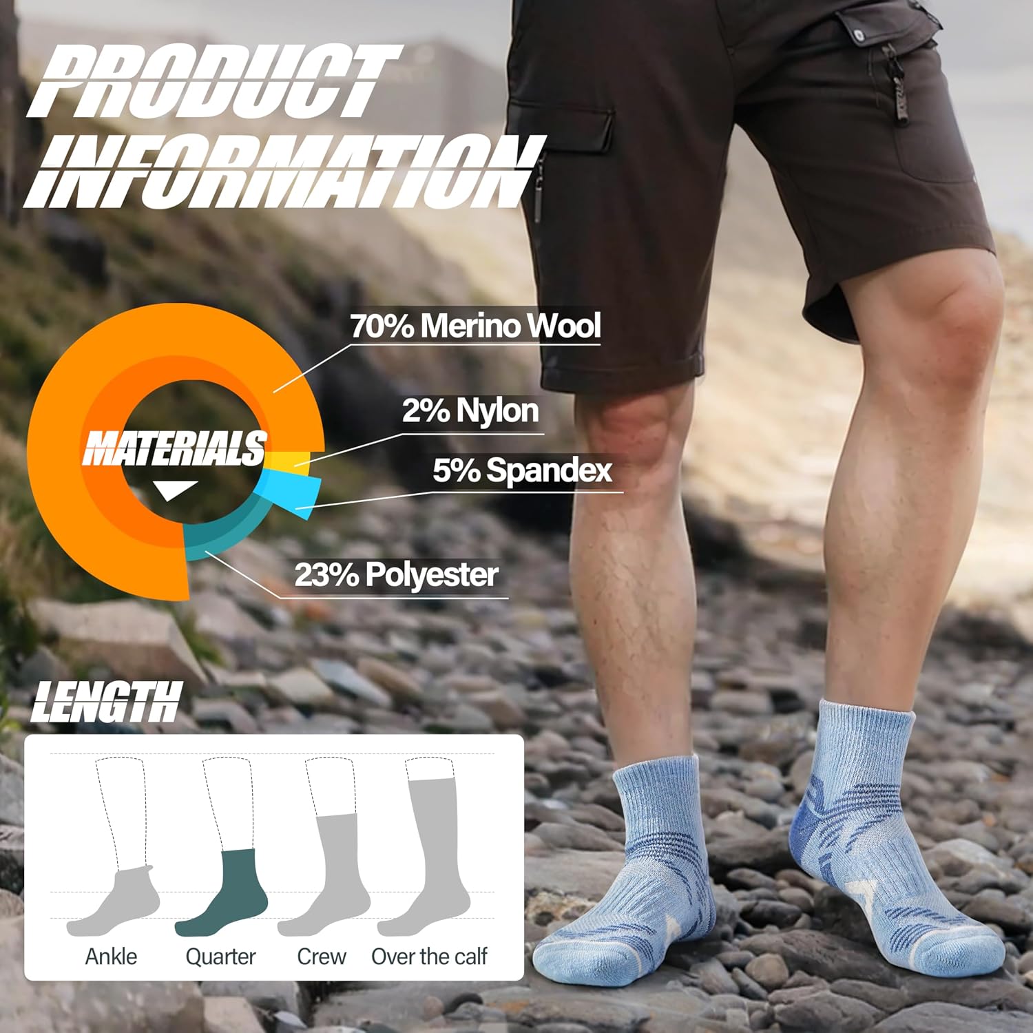 Detalle de ANTSANG Merino Wool Quarter Hiking and Running Socks, Cushioned 6-Pair Pack