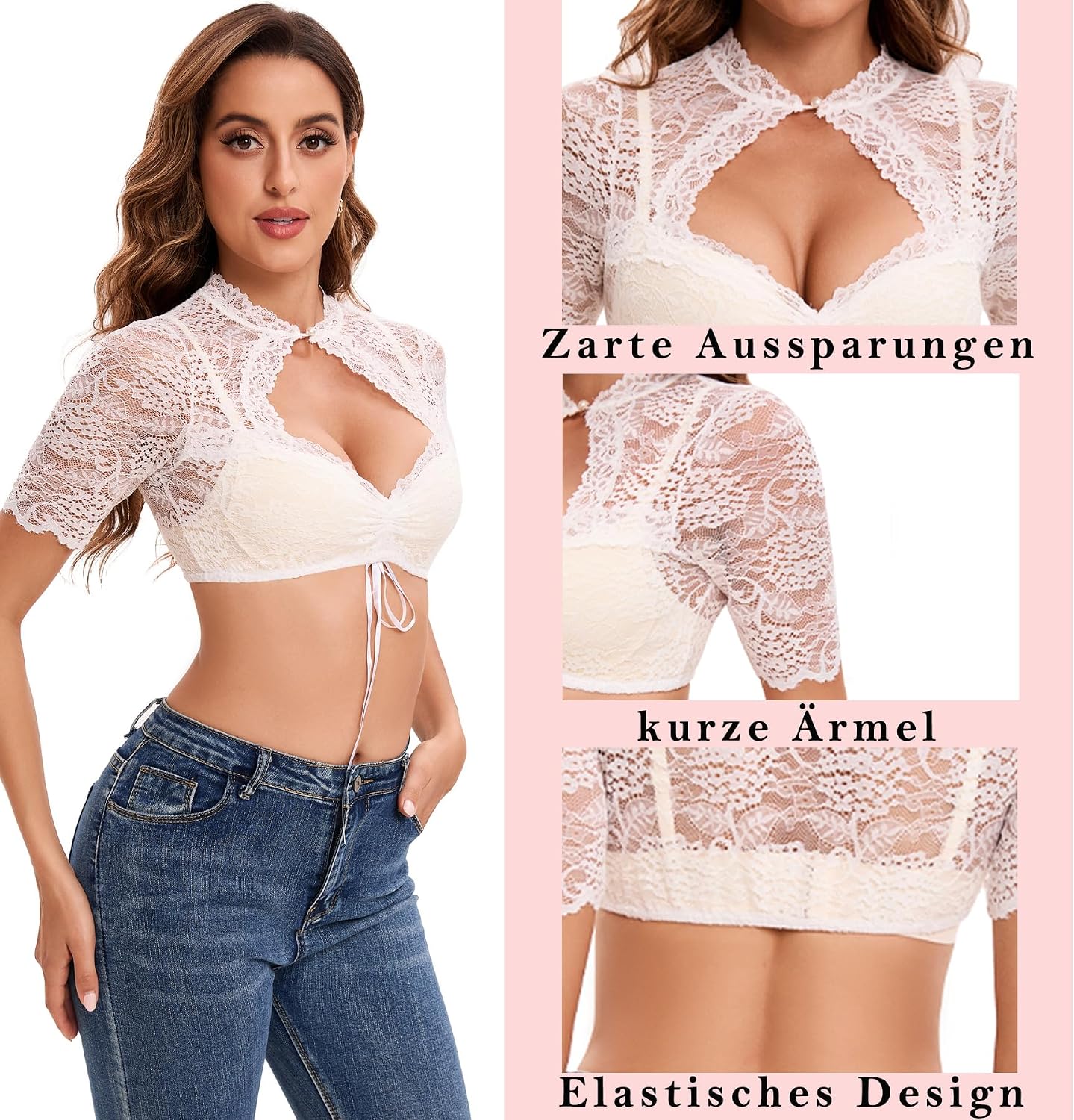 Thumbnail 3 de Goxozzy Dirndl Bluse Damen – Spitzen-Dirndlbluse mit Perlenknöpfen, Weiß/Schwarz (Größen 34–44)