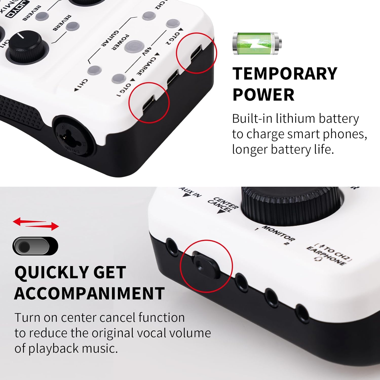 Detalle 1 de JOYO MOMIX-Pro Portable Audio Mixer with 48V Phantom Power and Dual OTG