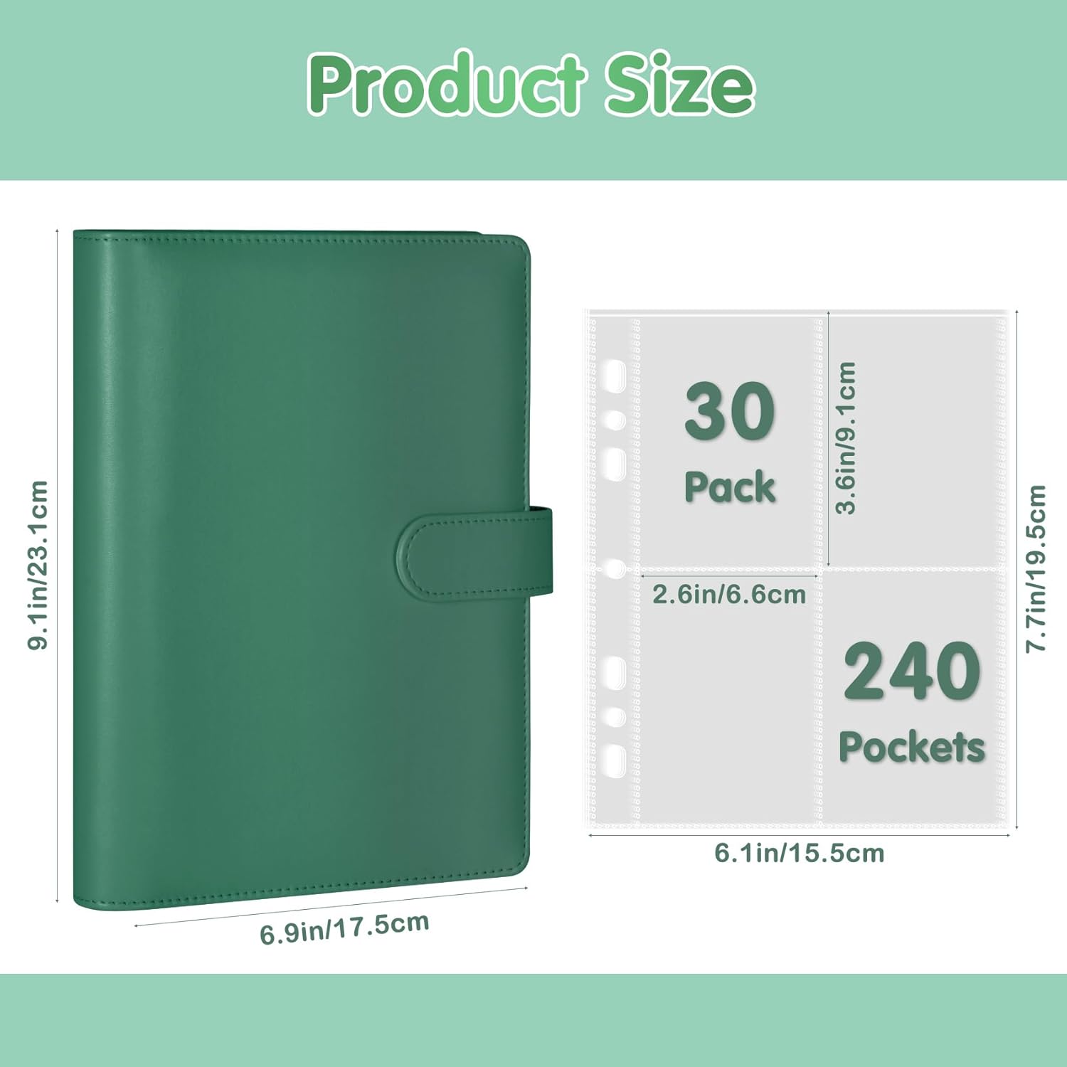 Thumbnail 1 de A5 Bindekarte Sammler-Album mit 6-Ringbuch, 30 Pack 4-Pocket-Seiten & magnetischem Schnallenverschluss (Waldgrün)
