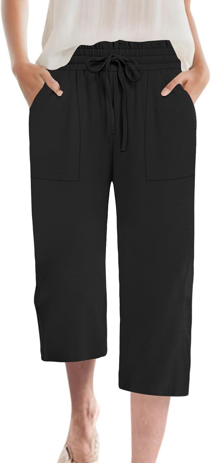 Detalle de MLXSJ Women's Capri Pants: Summer Wide-Leg, High-Waisted with Pockets