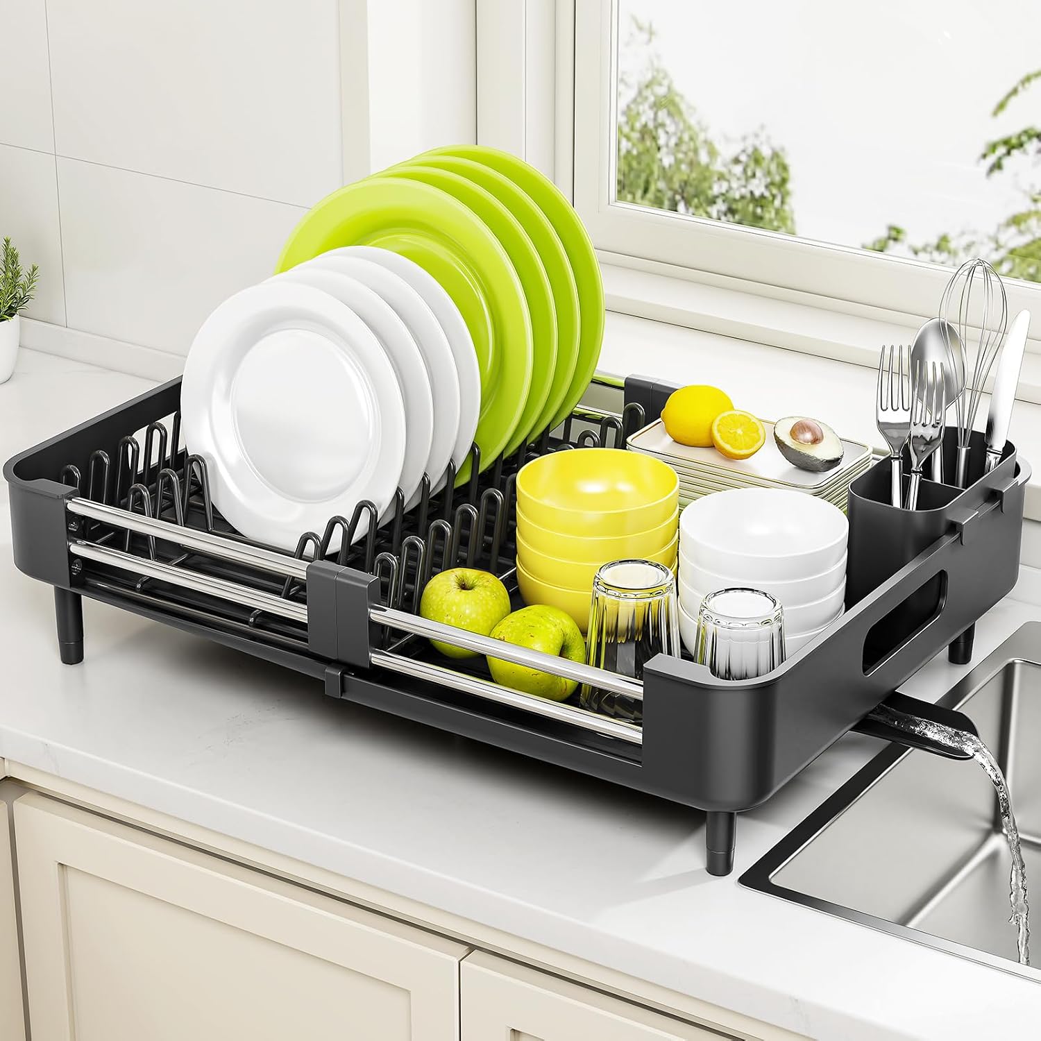 Detalle de Urackify Extendable Stainless Steel Dish Rack, Black, with Swivel Drain Spout