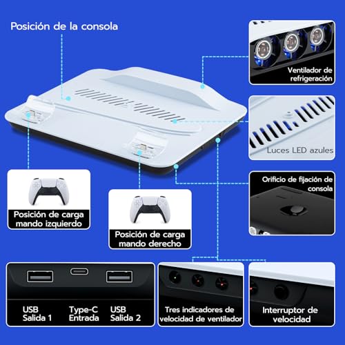Detalle de Mcbazel Base de Carga y Refrigeración para PS5/PS5 Pro: estación con 3 ventiladores, carga de mandos y iluminación LED (Blanco)
