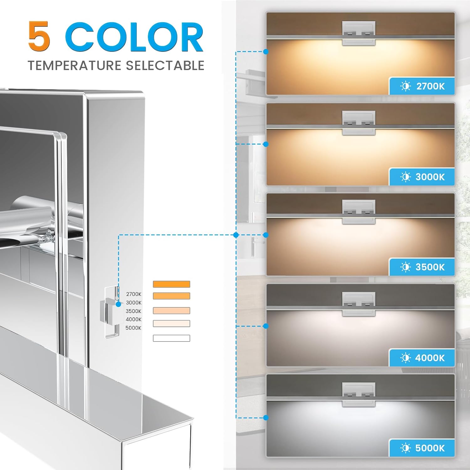 Detalle de VOLISUN 21324ZM 48-inch Chrome LED Vanity Light, 5 CCT, Dimmable