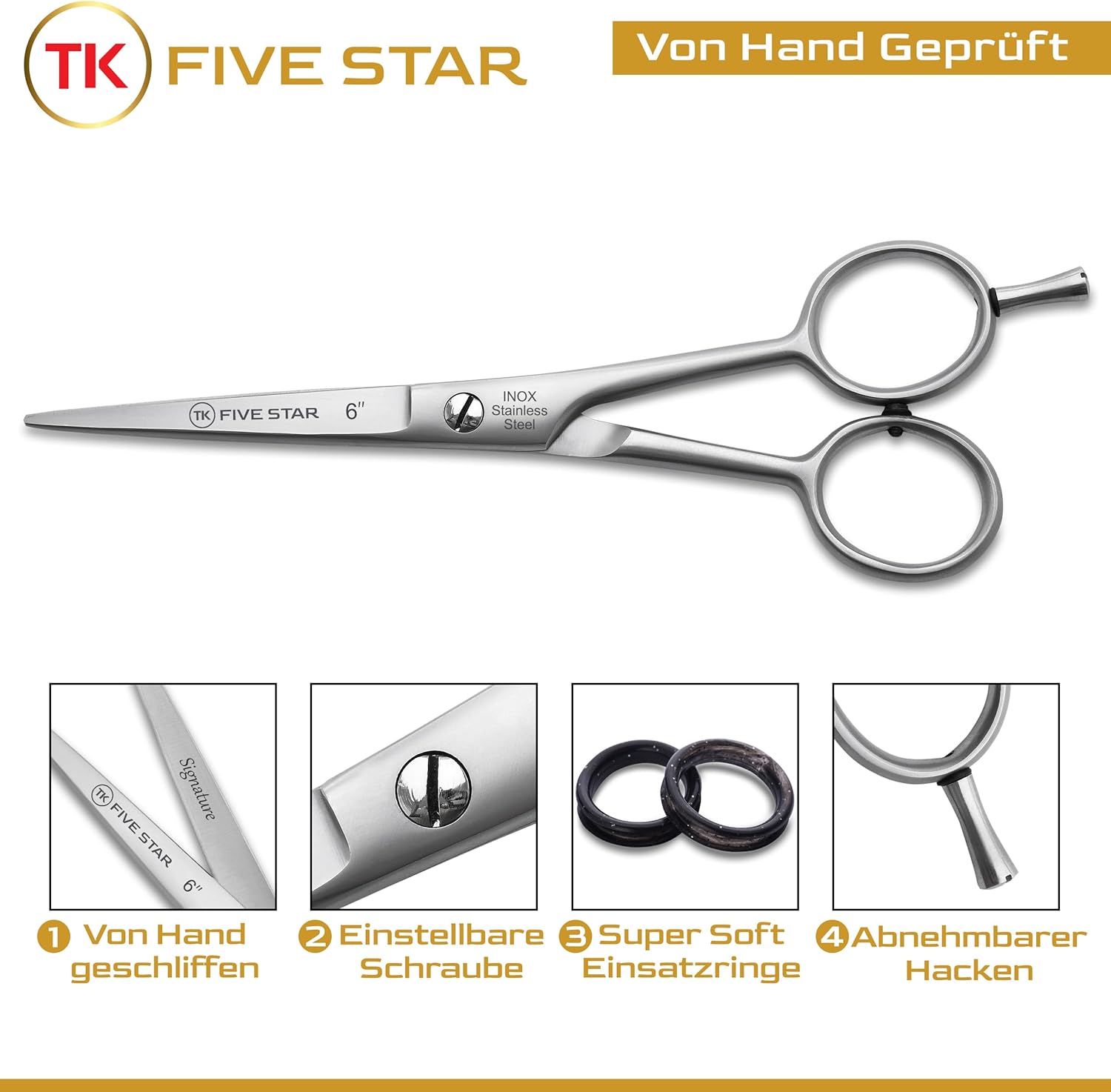 Detalle de TK FIVE STAR Signature: forbici professionali da parrucchiere da 6 pollici, antiruggine e ultra affilate